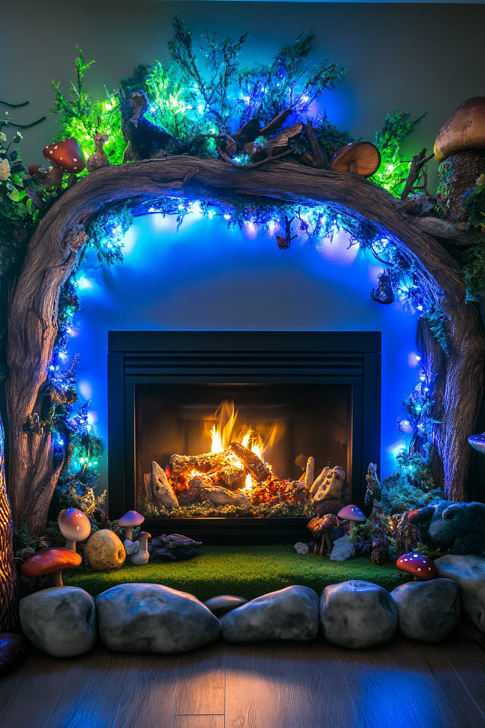 An image of a fireplace transformed into an enchanted forest scene. The fireplace is surrounded by artificial moss, faux mushrooms, small forest creatures, and an arch made of faux tree branches. Blue and green LED strips and twinkling fairy lights create a glowing, ethereal ambiance around the fireplace.