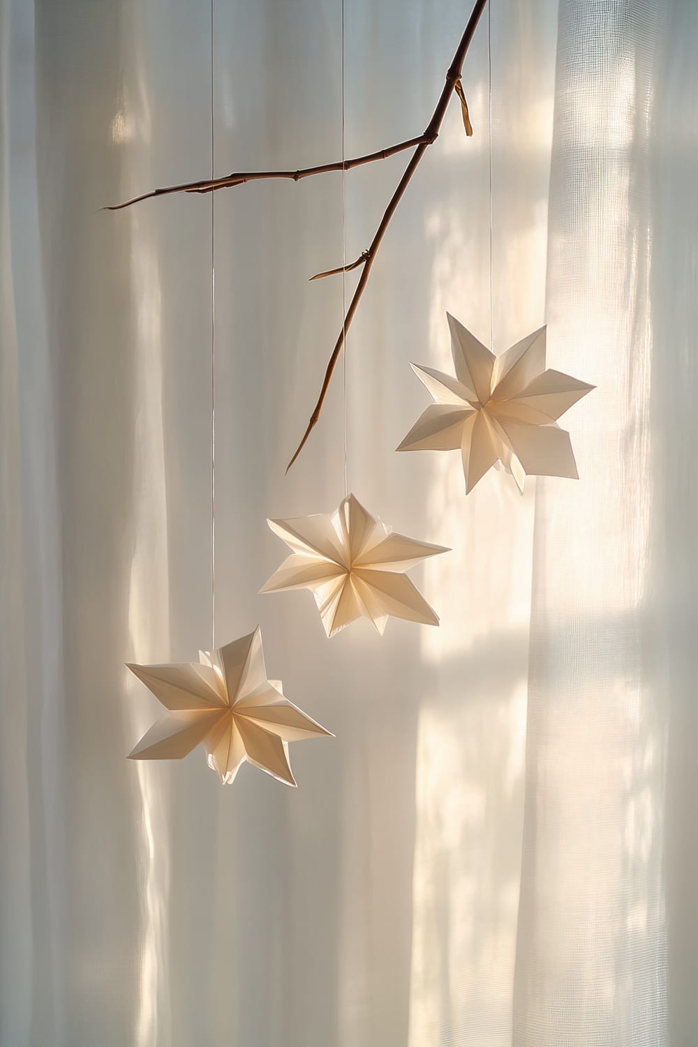 Three white origami snowflakes suspended from a slender bamboo branch, set against a backdrop of soft morning light filtering through sheer curtains.