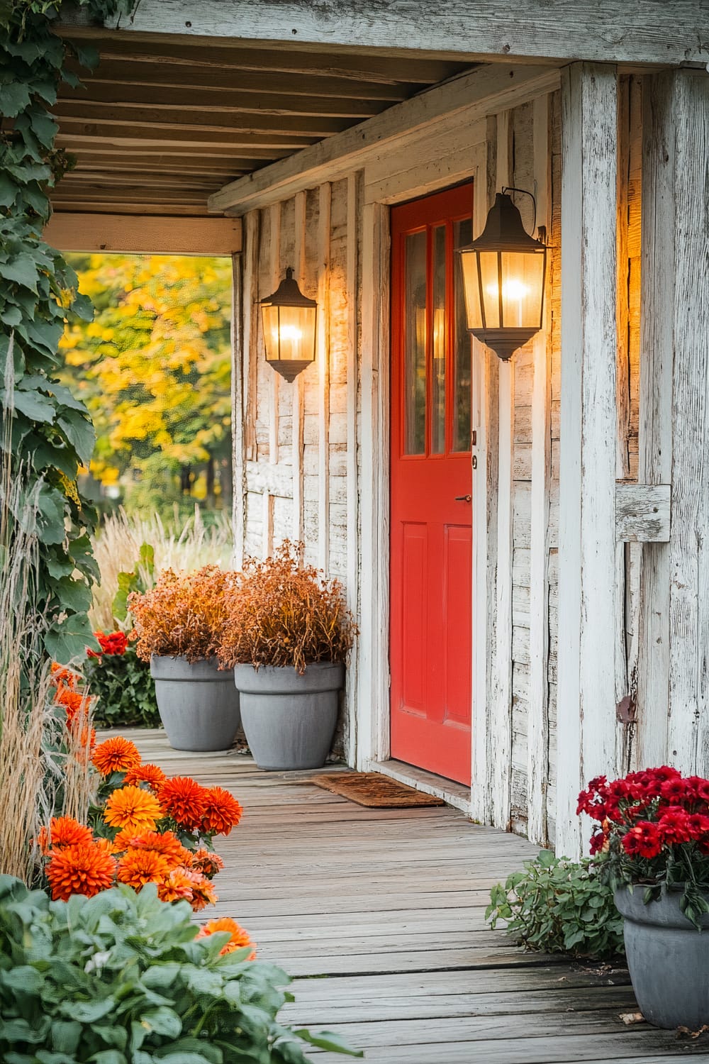 A rustic wooden porch featuring a vibrant red door framed by two warm, glowing wall lanterns. Potted autumnal plants in grey containers line the walkway, with orange and red flowers adding vibrant splashes of color. Ivy creeps along the edges of the weathered white wooden siding, adding to the charming, rustic appearance.