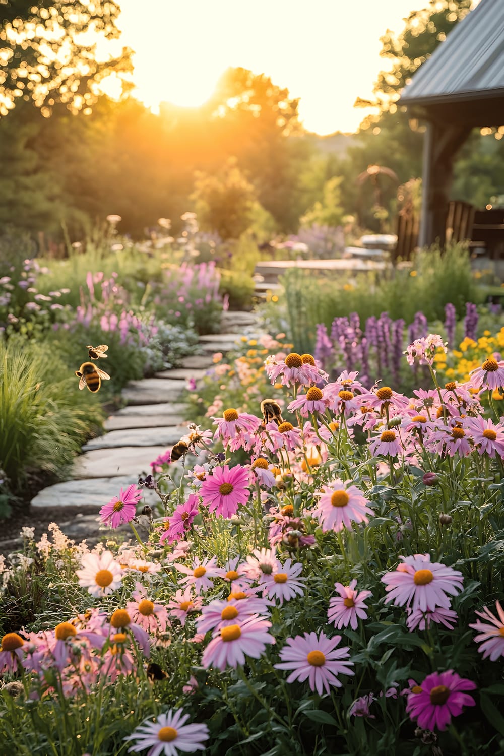 A wide-angle image of a vibrant pollinator-friendly garden. The picture is dominated by clusters of nectar-rich flowers in shades of pink, purple, and yellow that are alive with buzzing bees. A small, whimsical stone pathway winds its way through the lush garden, leading to a tucked away seating area. The entire scene is bathed in the warm, golden glow of late afternoon sun, contributing to the feeling of tranquillity and peace.