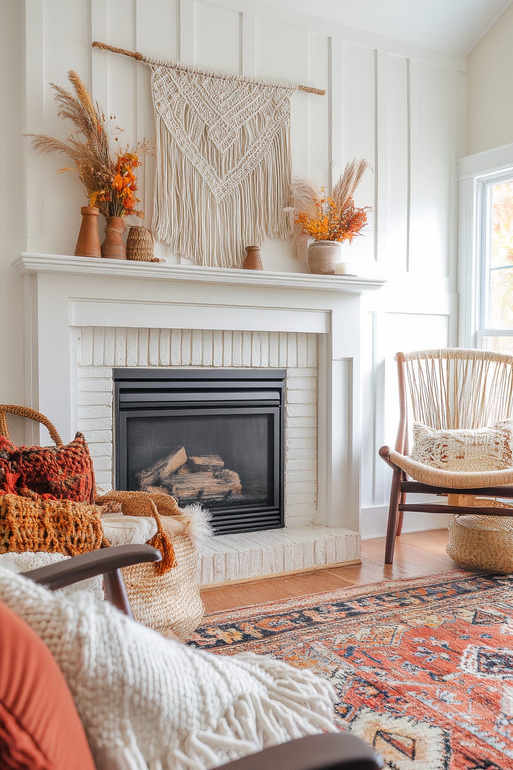 This image showcases a stylish living room with a white-painted brick fireplace as the focal point. The fireplace mantel is adorned with a bohemian macrame wall hanging and ceramic vases holding dried pampas grass and autumnal arrangements. Surrounding the fireplace are seating elements, including a cushioned chair with textured pillows and a woven basket holding a throw blanket. The hardwood floor is partially covered by a vibrant, patterned rug in warm, earthy tones.