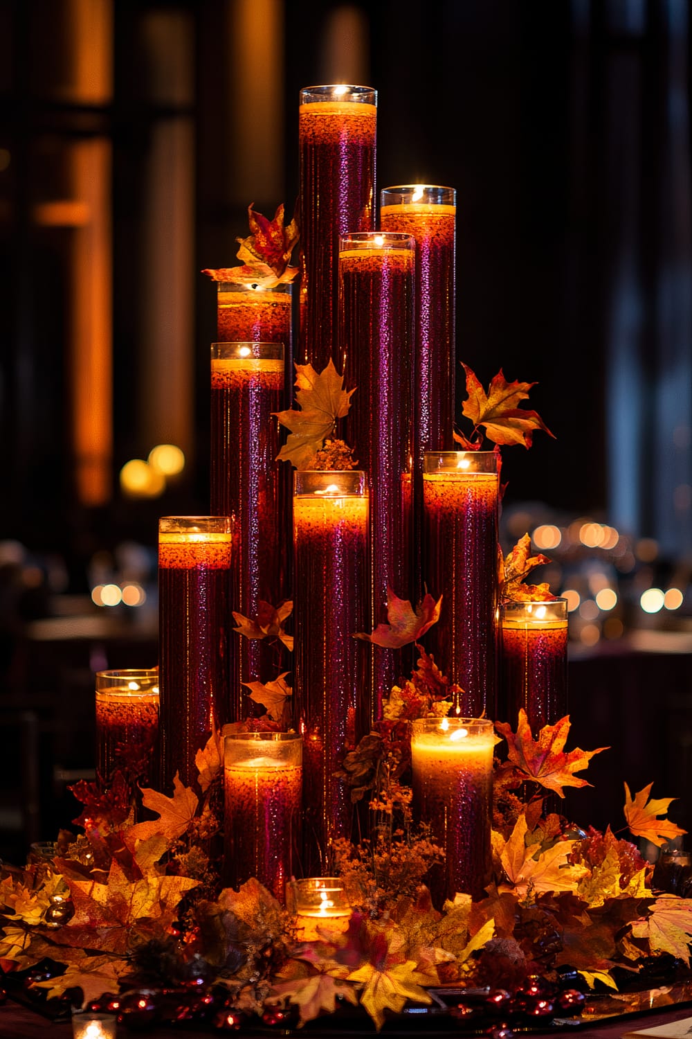 A fall-themed centerpiece featuring tall cylindrical candles with a radiant red-orange gradient, some partially burnt, forming a tiered arrangement. They are adorned with artificial autumn leaves in shades of yellow, orange, and red. The background is dimly lit, highlighting the glowing candles and warm ambiance.