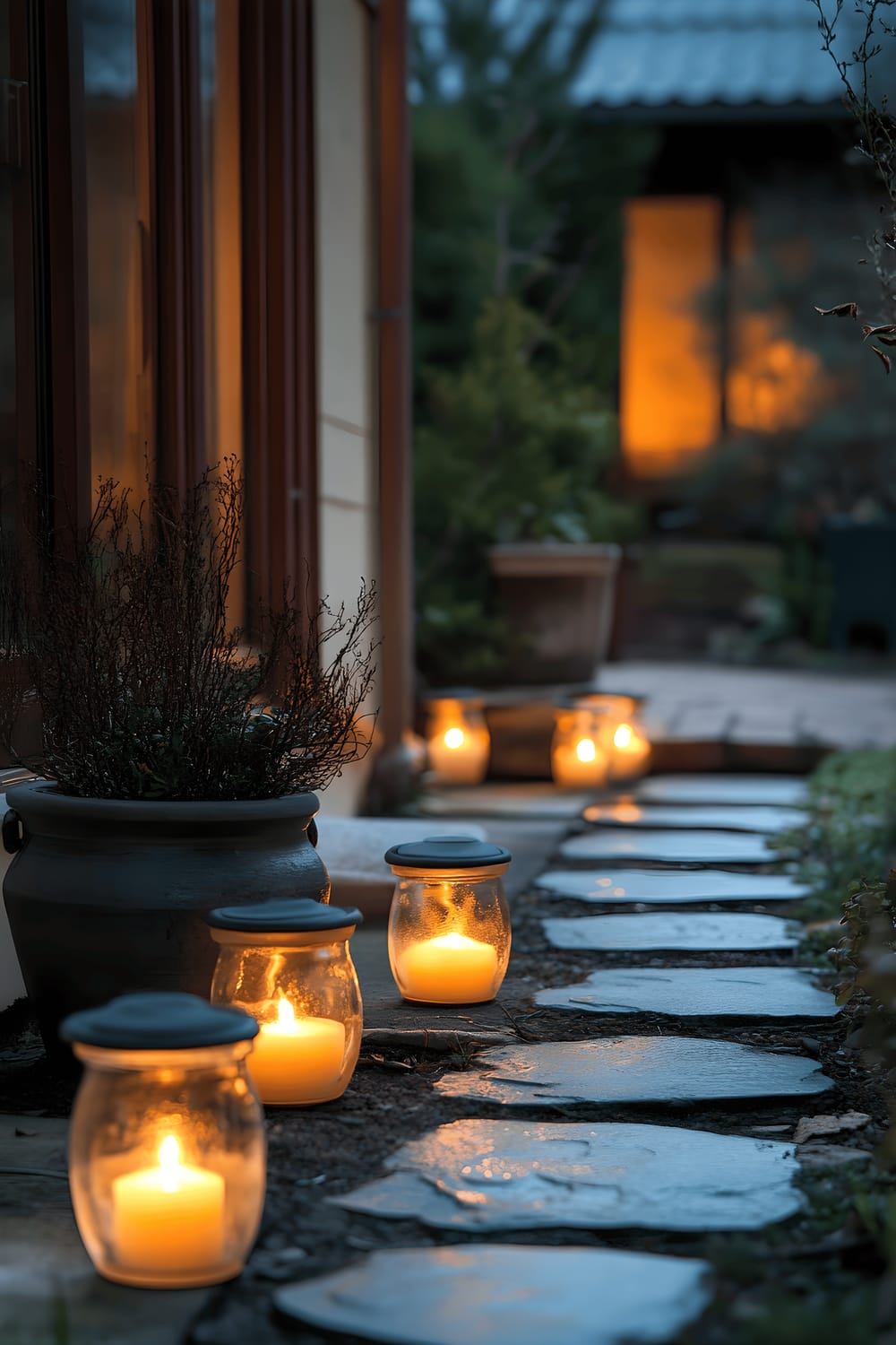 A beautifully designed outdoor patio featuring a pathway lit by DIY lanterns that emit a warm, inviting glow. The patio flooring is made of natural stone, and the lanterns are composed of frosted glass, which softly diffuses the candlelight. The ambiance overall is inviting and serene, perfect for quiet evenings out on the patio.