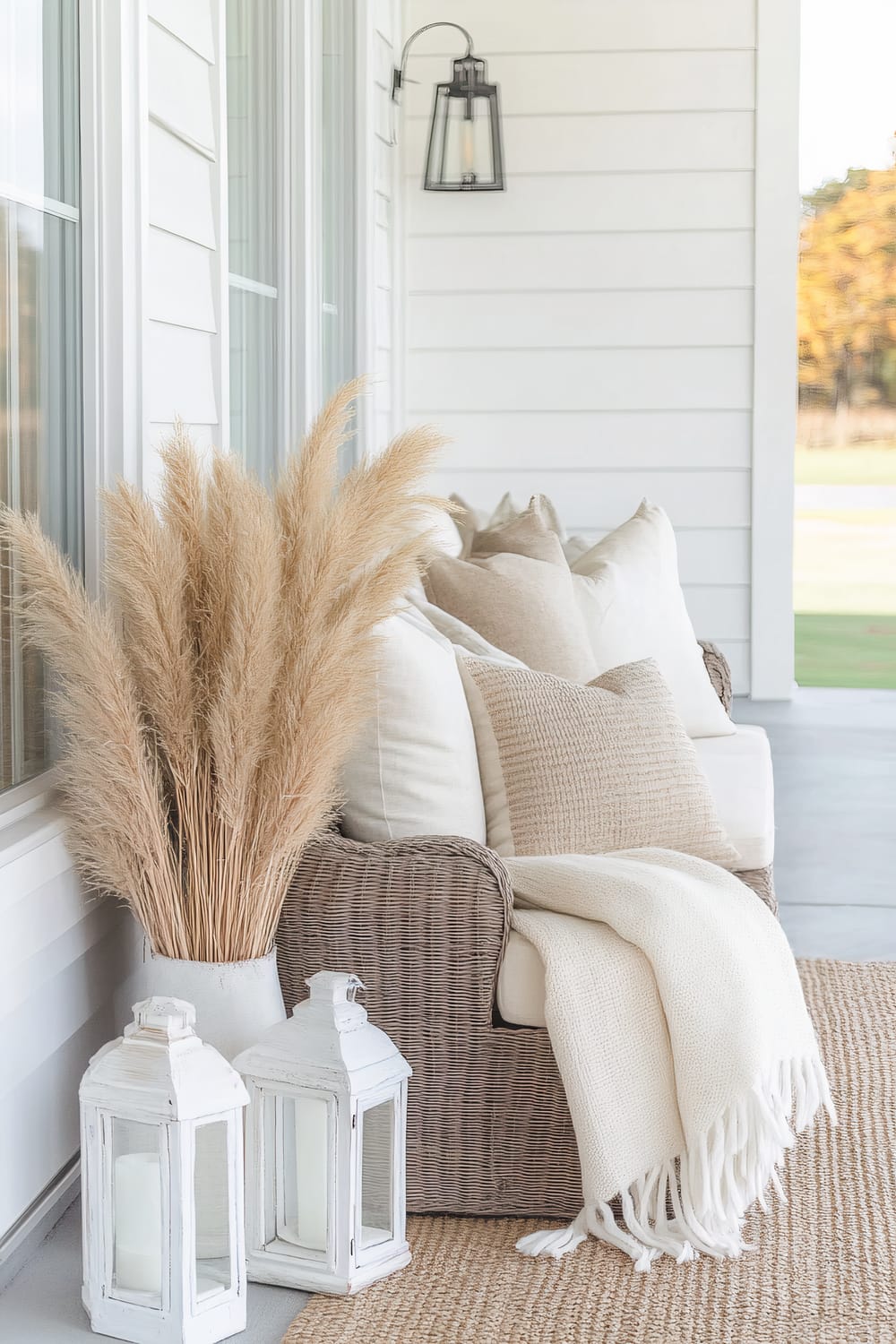 A serene porch setup showcases a wicker couch adorned with multiple beige and white cushions, a fluffy white throw blanket, and a vase containing pampas grass arranged in a visual balance. Two white rustic lanterns are positioned in front of the couch on a jute rug. A black lantern-style light fixture is mounted on the white wooden wall of the house, and in the background, a grassy landscape is visible through the window.