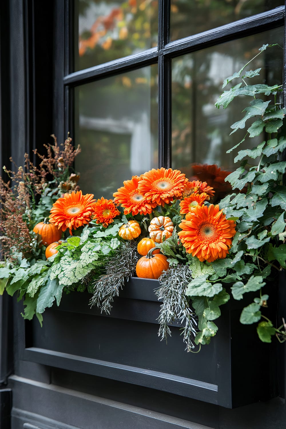 A window box filled with vibrant autumnal decorations is attached to a dark-painted window. The box features bright orange gerbera daisies, small decorative pumpkins, and green foliage. The setup is heavily aligned with the fall season's color palette, emphasizing shades of orange and green.