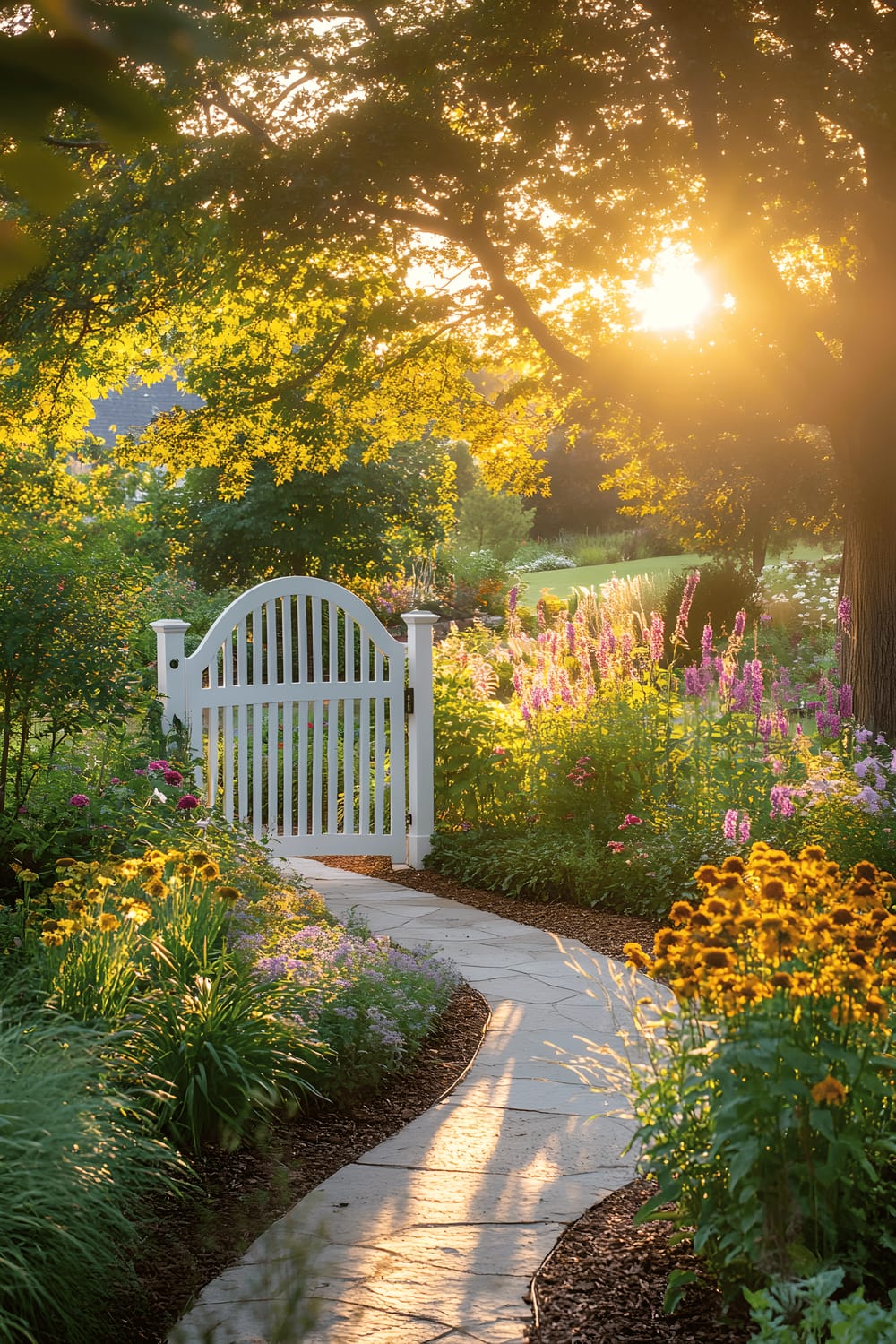 A small front garden basks in the soft glow of golden hour sunlight. A delicate white arched gate stands at the entrance of the garden, complemented by a winding stone pathway lined with colorful perennial blooms. Surrounding trees cast gentle shadows across the landscape, creating a tranquil atmosphere.