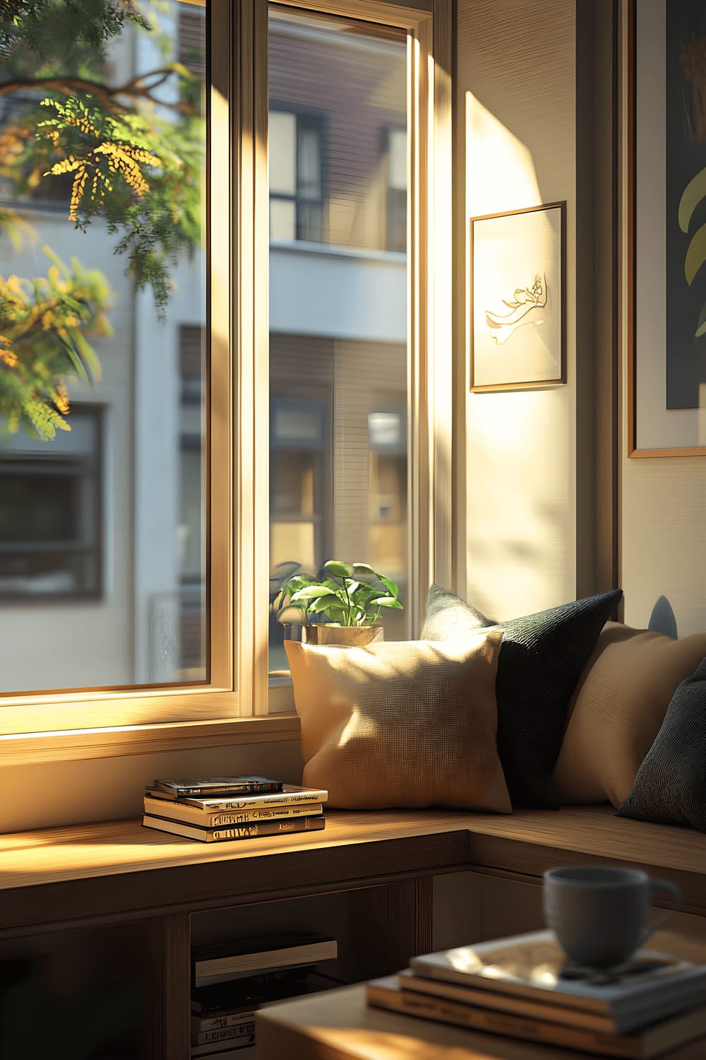 A comfortable home interior viewed from a window seat. The scene features a plush cushioned bench, a side table with a stack of books, and a ceramic mug. Beyond the window seat is the spacious living room with sleek, modern furnishings illuminated by natural light coming from the window.