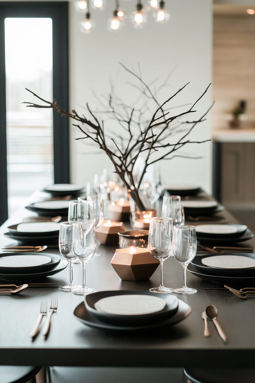 A modern dining table is elegantly set with black plates, silver cutlery, and clear wine glasses. A centerpiece made of abstract, geometric candle holders and a bare tree branch add a minimalist yet striking visual element. The soft glow of the candles and the bright pendant lighting above create a warm ambiance, contrasting with the room’s cool, neutral tones. A large window in the background provides natural light, enhancing the room’s airy feel.