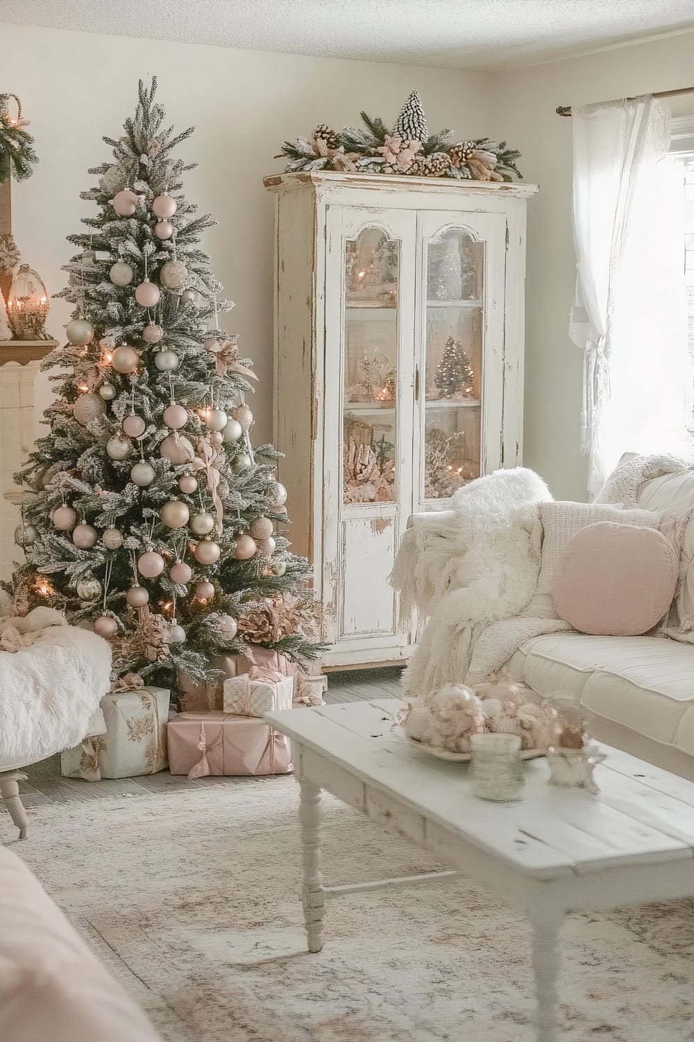 A softly lit living room imbued with a vintage Christmas ambiance. Dominating the scene is a flocked Christmas tree adorned with pastel pink, gold, and silver ornaments, alongside wrapped presents in coordinating pastel hues placed underneath. Adjacent to the tree is a distressed white cabinet displaying delicate festive decorations, topped with a garland of pine branches and cones. The room features a plush white sofa adorned with pastel pink and white cushions and throws. A shabby chic coffee table with whimsical baubles and candles anchors the space, complemented by a large, light area rug.