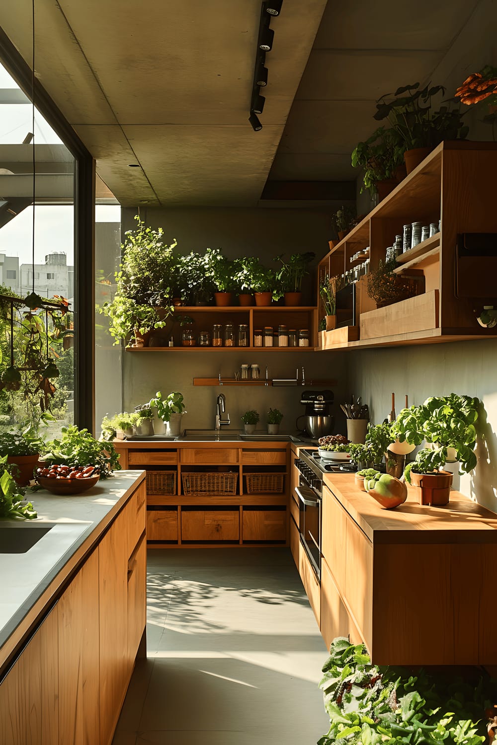 A sustainable kitchen in Seoul displayed with a 2:3 aspect ratio. The kitchen features reclaimed wood cabinetry, energy-efficient appliances, and natural stone countertops, bathed in ample natural light streaming in from a skylight. Indoor plants, contributing to the overall green, serene atmosphere, are placed near the window. The room is presented in earthy tones, conveying an eco-friendly character.