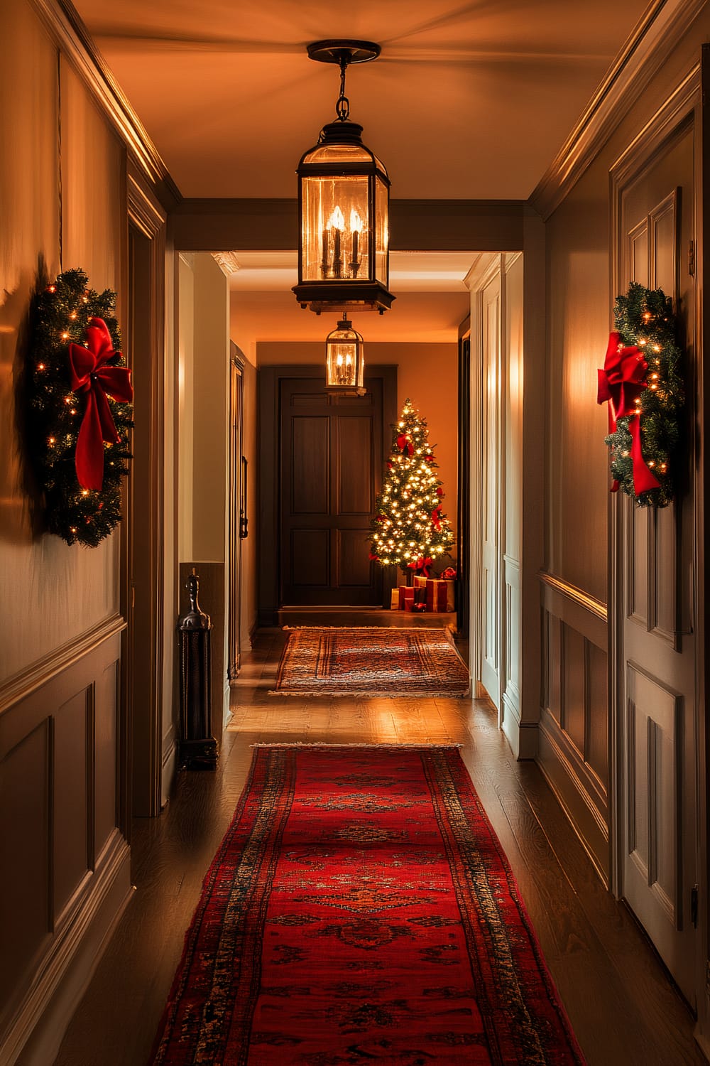 Vintage hallway adorned with a simple red and gold Christmas wreath on either side of the walls. The hallway is lit by old-fashioned lanterns that cast a warm glow, and features rich red accents with two long red carpets. At the end of the hallway, there is a decorated Christmas tree with twinkling lights and wrapped gifts underneath.