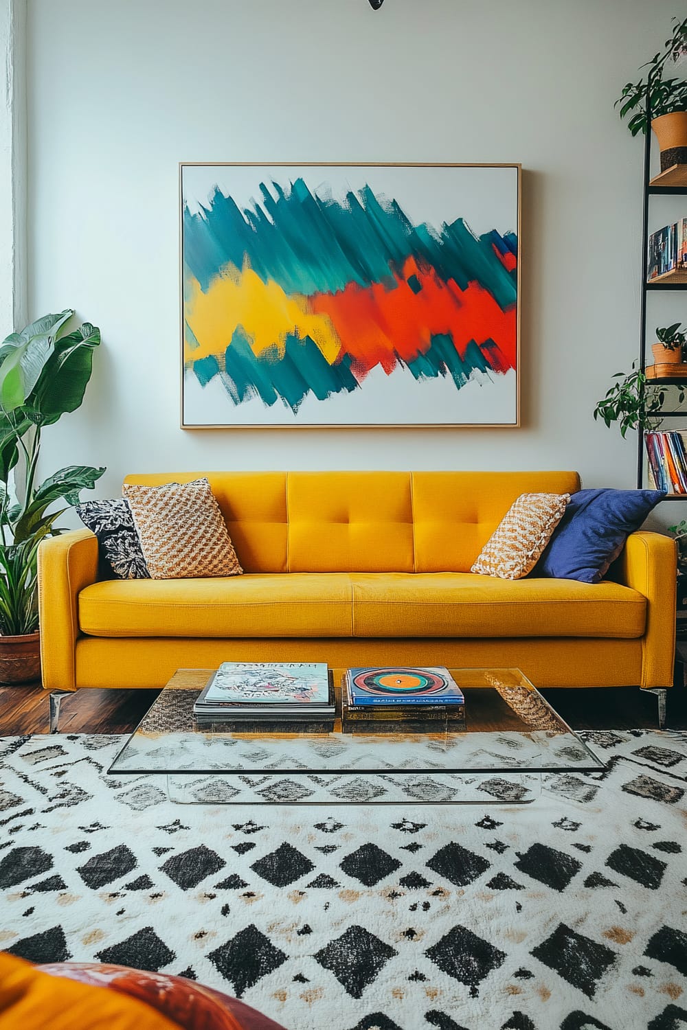 An image of a vibrant living room featuring a bold mustard yellow sofa flanked by patterned cushions. Above the sofa is an oversized abstract painting with splashes of blue, orange, red, and yellow. A geometric patterned rug covers the floor, and a glass coffee table holds a few books. Large leafy plants and sleek shelving adorned with vinyl records and small decor items add personality to the space.