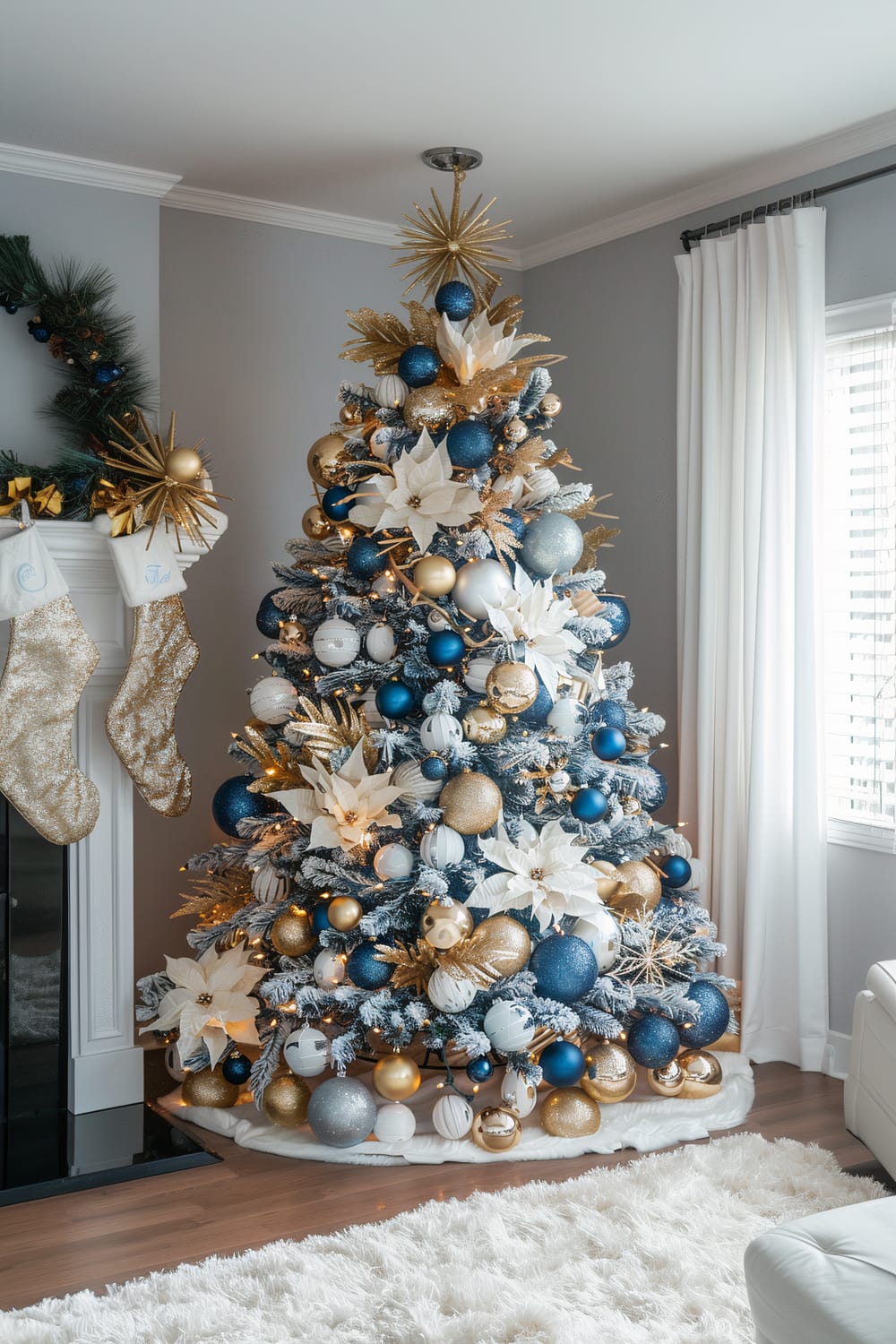 A decorated Christmas tree stands in a living room adorned with gold, blue, and white ornaments. The tree is topped with a golden starburst finial and surrounded by faux white poinsettias and metallic leaves. The mantle on the left holds two gold glitter stockings and is garnished with a lush green garland accented by gold decorations. The space features white curtains and a plush white rug, creating a bright and festive ambiance.