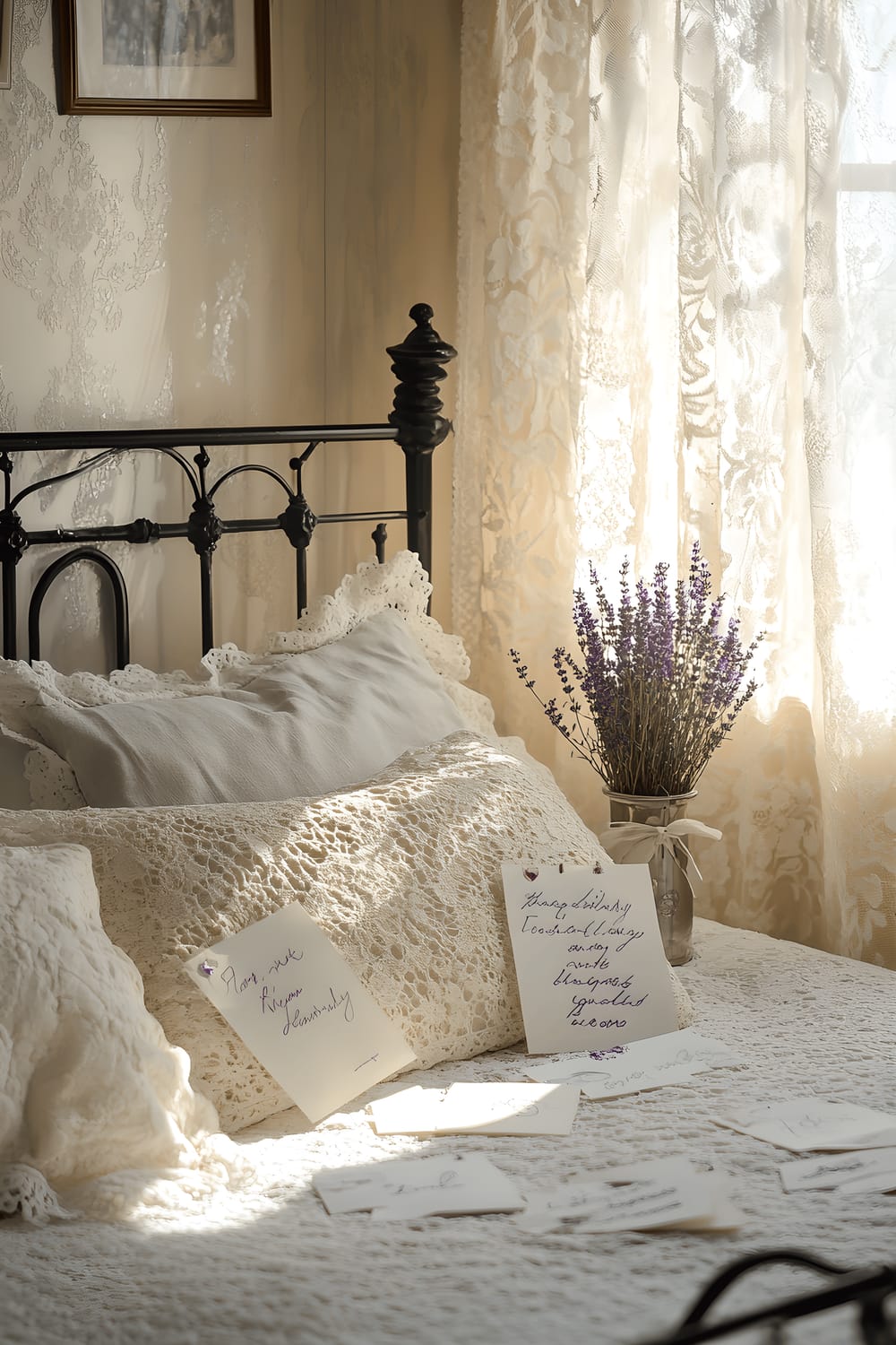 A picturesque vintage-themed bedroom with a classic wrought-iron bedframe. The bed is made with a lace-trimmed duvet and antique-style pillows scattered with several handwritten love notes tied with dainty ribbons. Bright, natural light seeps in through draped lace curtains, accentuating the room's romantic ambiance. The table near the bed carries a small vase filled with dried lavender, adding a subtle touch of color to the room.