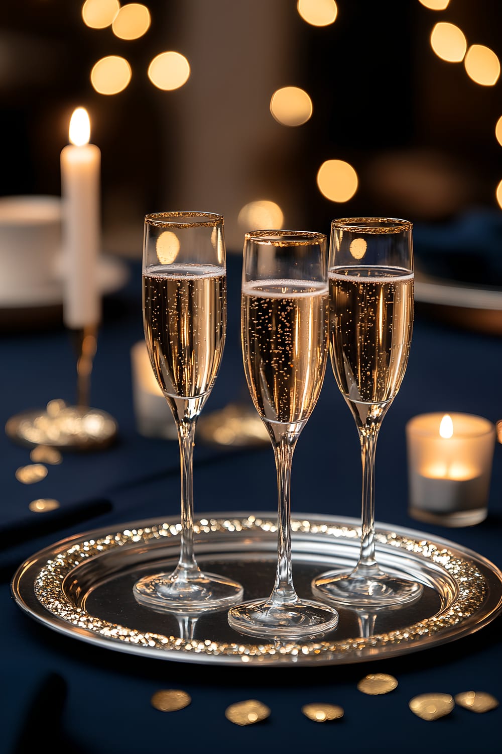 A beautifully set dining table dressed in a deep navy blue tablecloth. In the center, a silver tray holds 4 crystal champagne flutes filled with sparkling champagne, each topped with a gold glitter rim. Around the tray are 8 scattering pieces of gold confetti and 2 small white candles in gold holders, casting a soft warm glow over the environment.