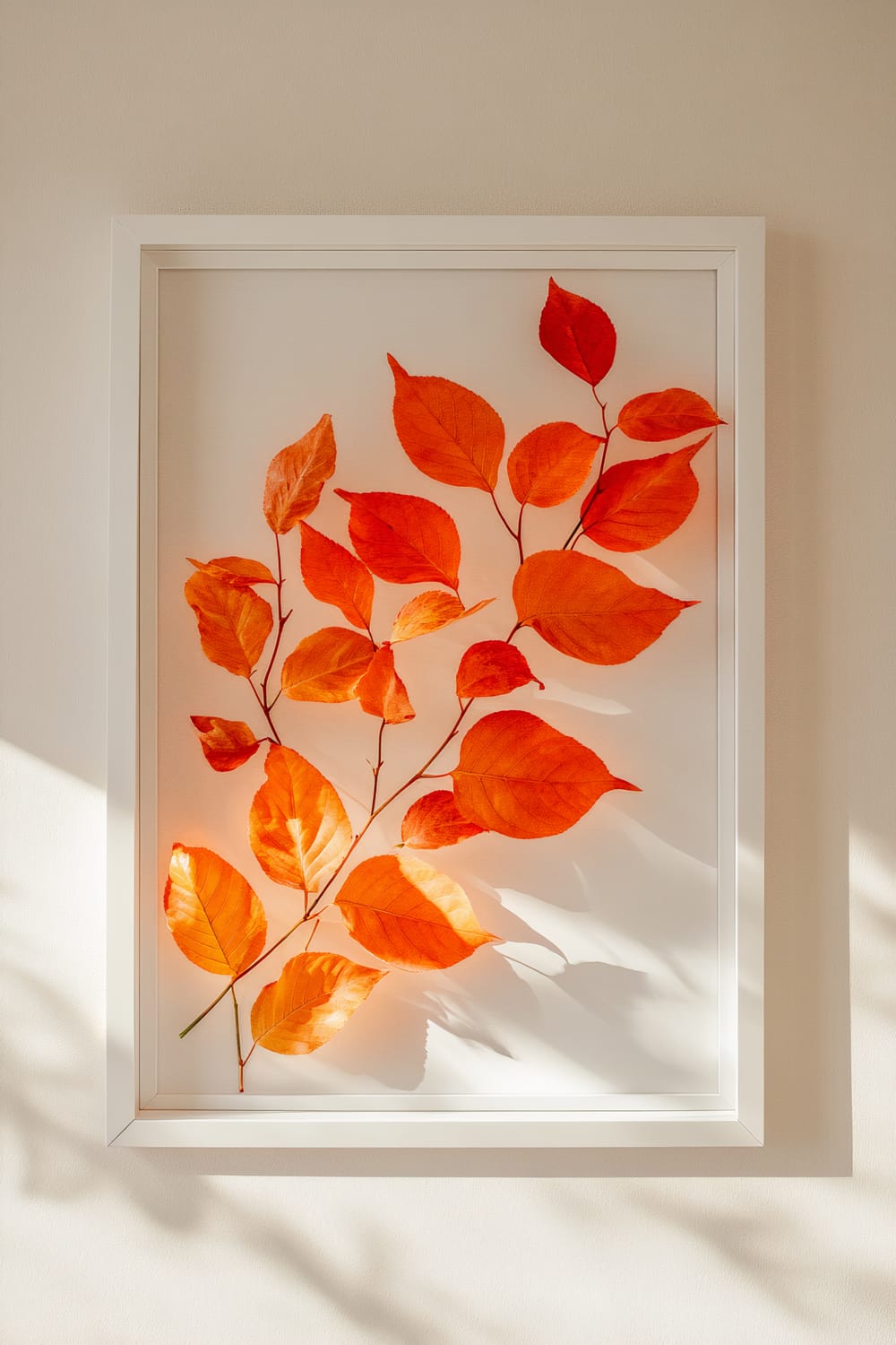 A framed artwork of vividly colored orange leaves against a stark white background. The leaves are arranged diagonally, creating a sense of movement and natural beauty. The white frame and background create a clean, minimalist look.