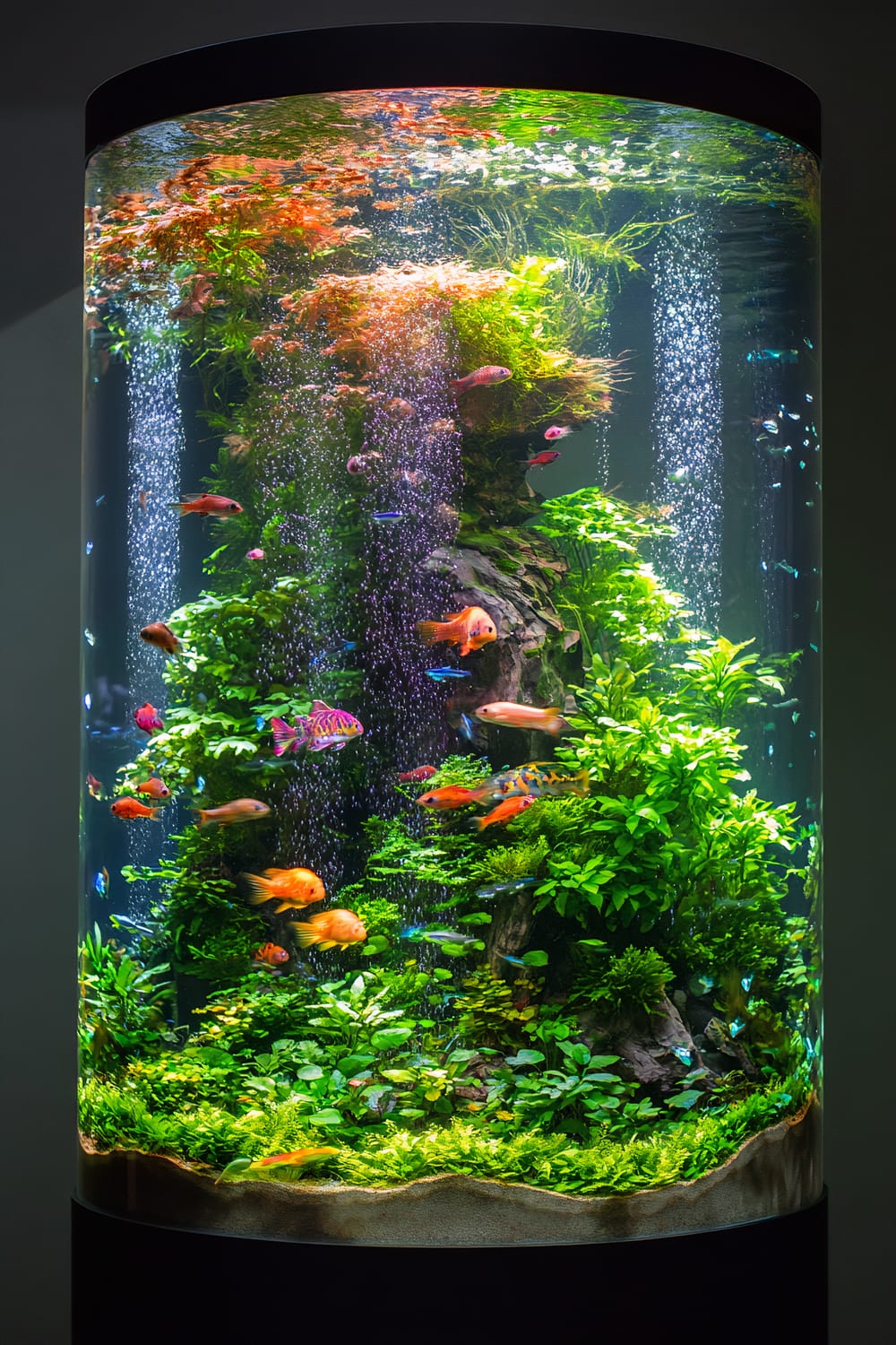 An aquarium with a cylindrical design features a central pillar of lush greenery surrounded by a bubble wall. Fish of various vibrant colors swim gracefully in the softly illuminated water. The vegetation and rocks create a natural habitat, adding depth and interest to the scene.