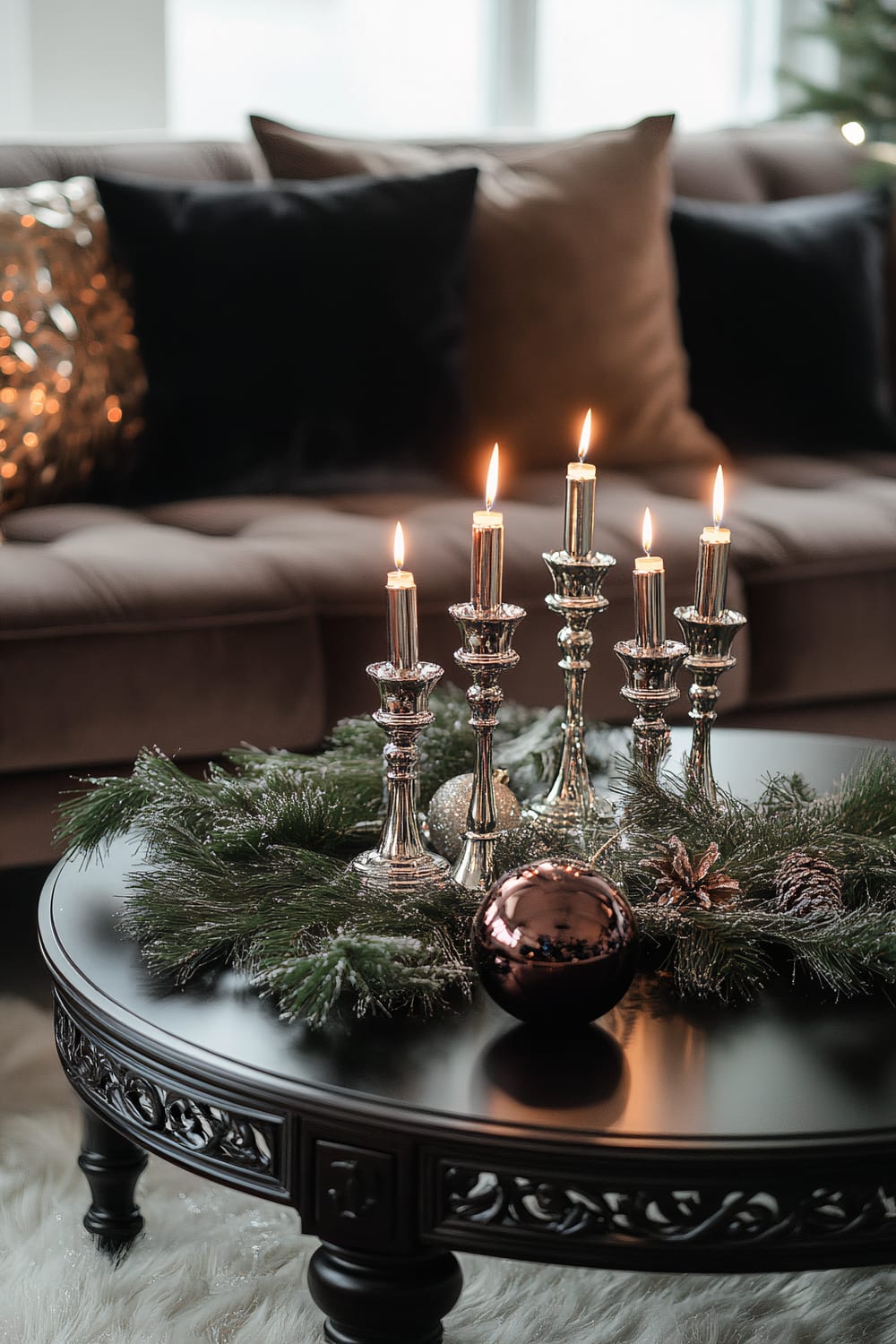 A sophisticated living room scene featuring a dark wooden coffee table adorned with five ornate silver candlesticks holding lit candles. The table is also decorated with lush greenery, pinecones, and a metallic bauble. In the background, a plush sofa with black and neutral-toned cushions contrasts elegantly with the warm candlelight and subtle holiday decor.