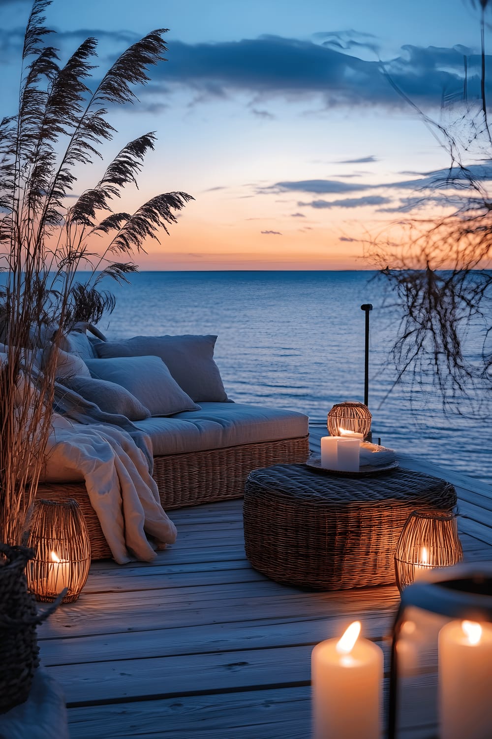 A serene backyard scene with a sprawling wooden deck overlooking a panoramic view of the ocean. The deck is warmly lit with glowing candle lanterns and furnished with comfortable rattan pieces. Surrounding this inviting setting are tall beach grasses dancing in a light, salty breeze under the soft twilight sky.