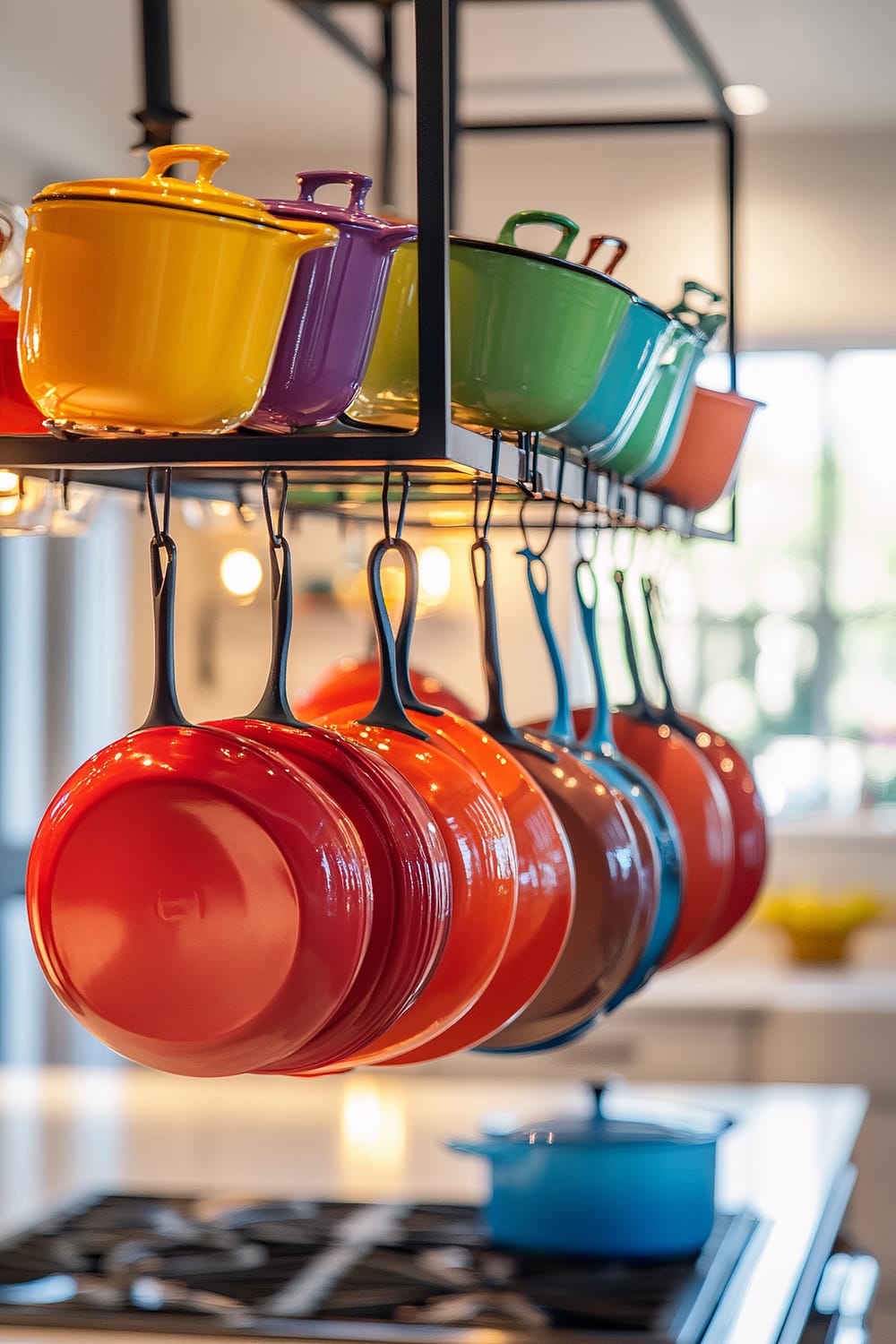 A modern kitchen with a pot rack holding brightly colored pots and pans. The pots are uniquely shaped and come in vibrant colors like yellow, purple, green, blue, and orange. They hang above a kitchen island bathed in warm light.