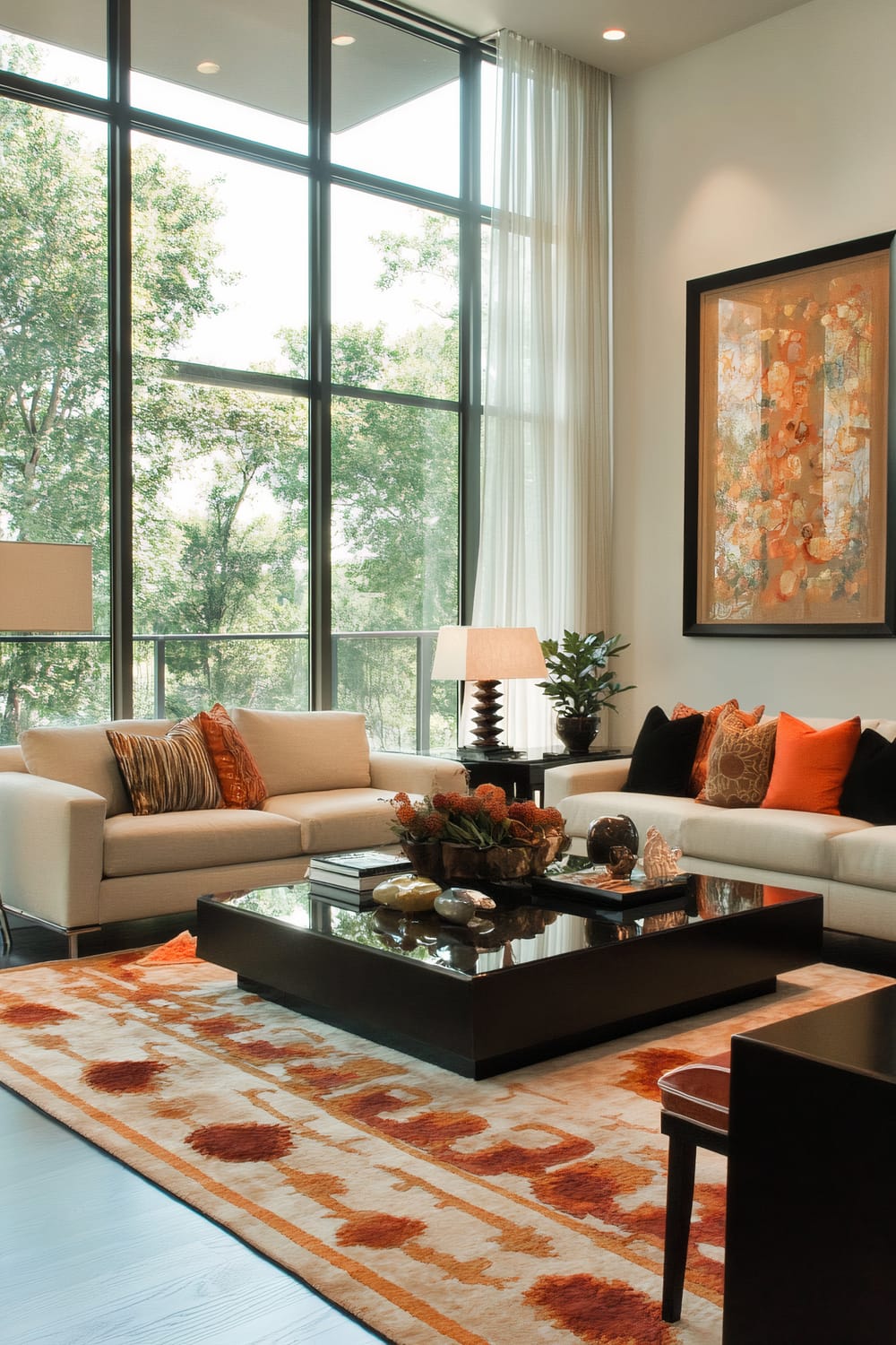 A modern living room with large floor-to-ceiling windows, allowing ample natural light. The room features two light beige sofas adorned with decorative pillows in shades of orange and brown. A central square, black coffee table holds decorative items and books. The floor is covered by a cream and orange patterned rug. A large abstract painting in orange hues hangs on the wall above one of the sofas, complemented by a table lamp and a potted plant in the corner.