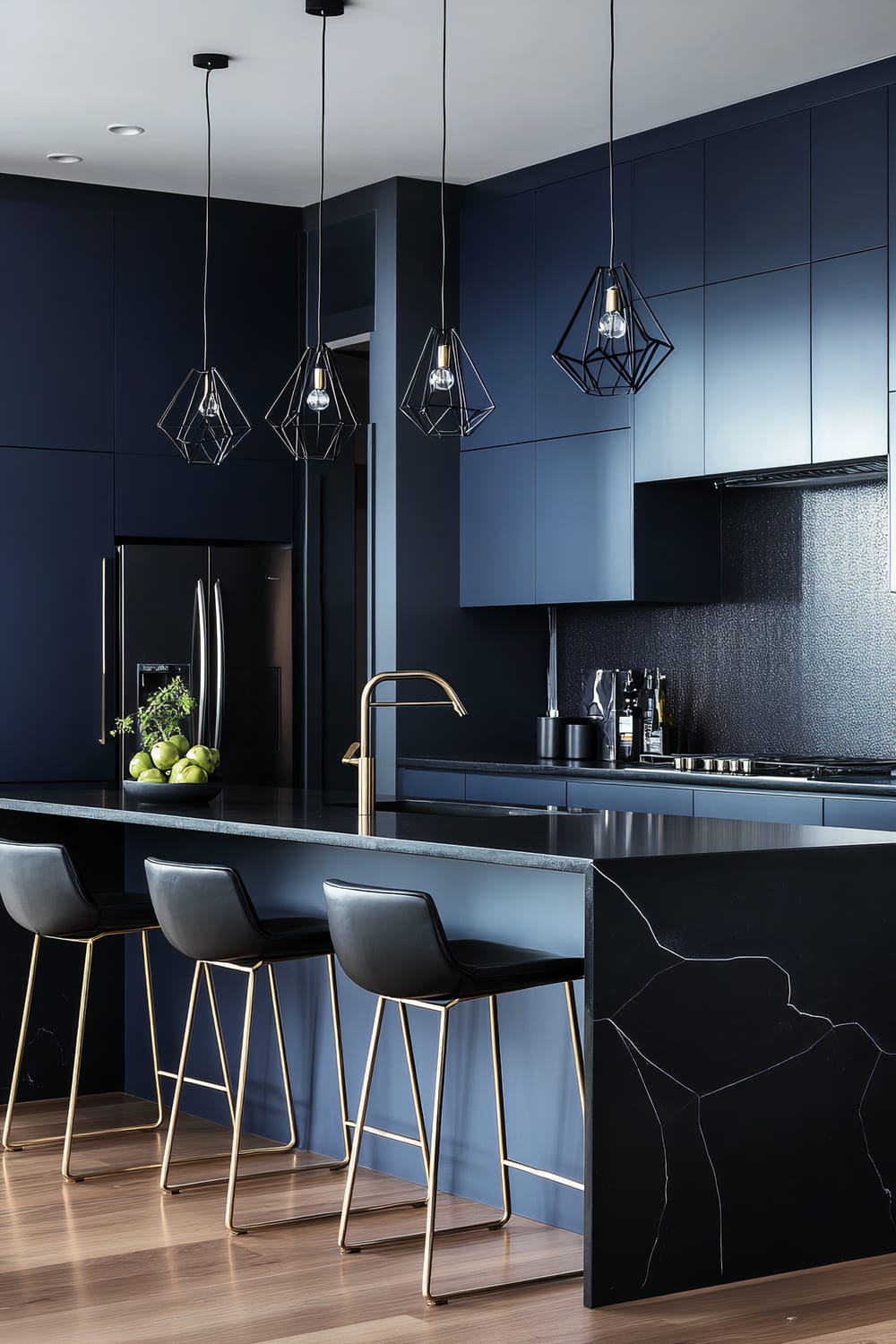 An ultra-modern kitchen with a sleek, dark navy color scheme. The room features geometric pendant lights hanging from the ceiling, illuminating a large island with a contrasting black, marble-inspired countertop. Black leather stools with gold legs are neatly arranged in front of the island. Stainless steel appliances are integrated seamlessly into the matching navy cabinetry.