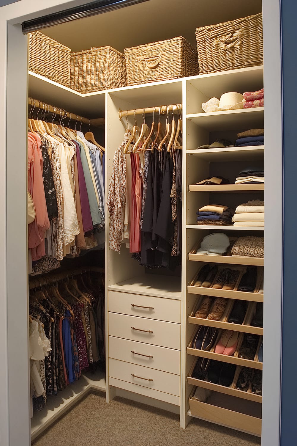 A small walk-in closet featuring white shelving units, drawers, and hanging space. Clothes are neatly hung on wooden hangers along a rod to the left, while shelves on the right display folded items, handbags, and accessories. The lower section contains neatly arranged rows of shoes. Woven baskets sit on the top shelf for additional storage. The closet is framed with wooden trim and softly lit.