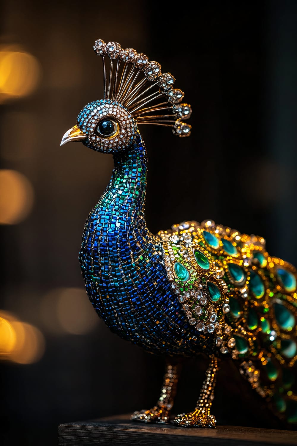 A close-up of a handcrafted antique Indian peacock figurine, adorned with intricate beadwork in blue, green, and gold. The peacock is in profile, showcasing detailed feathers with shimmering glass beads and elaborate patterns. It is placed on a wooden shelf against a dark background with ambient lighting highlighting its vibrant colors and craftsmanship.