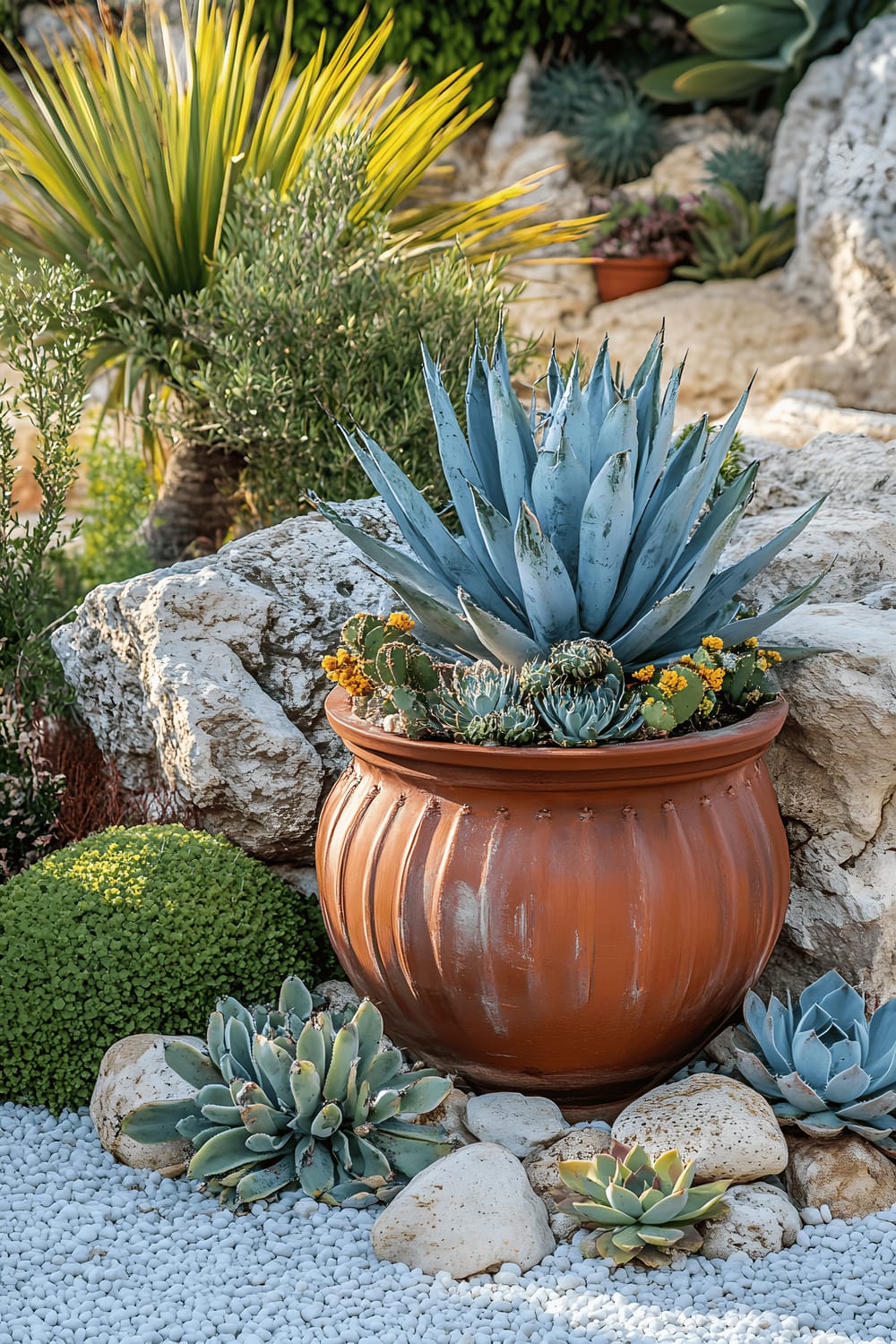 A large terracotta urn situated in a rock garden and filled with blue agave, echeveria, and golden barrel cactus, surrounded by a white gravel landscape, contributing to a Mediterranean desert oasis feel.