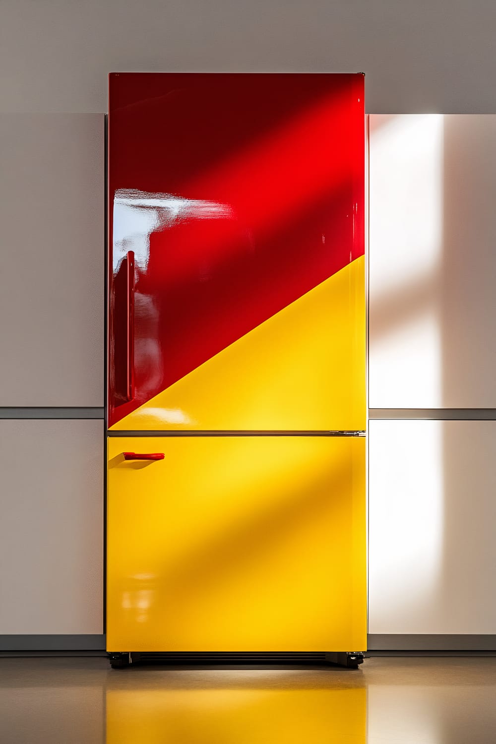 A minimalistic kitchen setting features a refrigerator with a striking design of oversized, bright red and yellow panels. Focused lighting casts strong shadows, emphasizing the fridge's clean, geometric look.