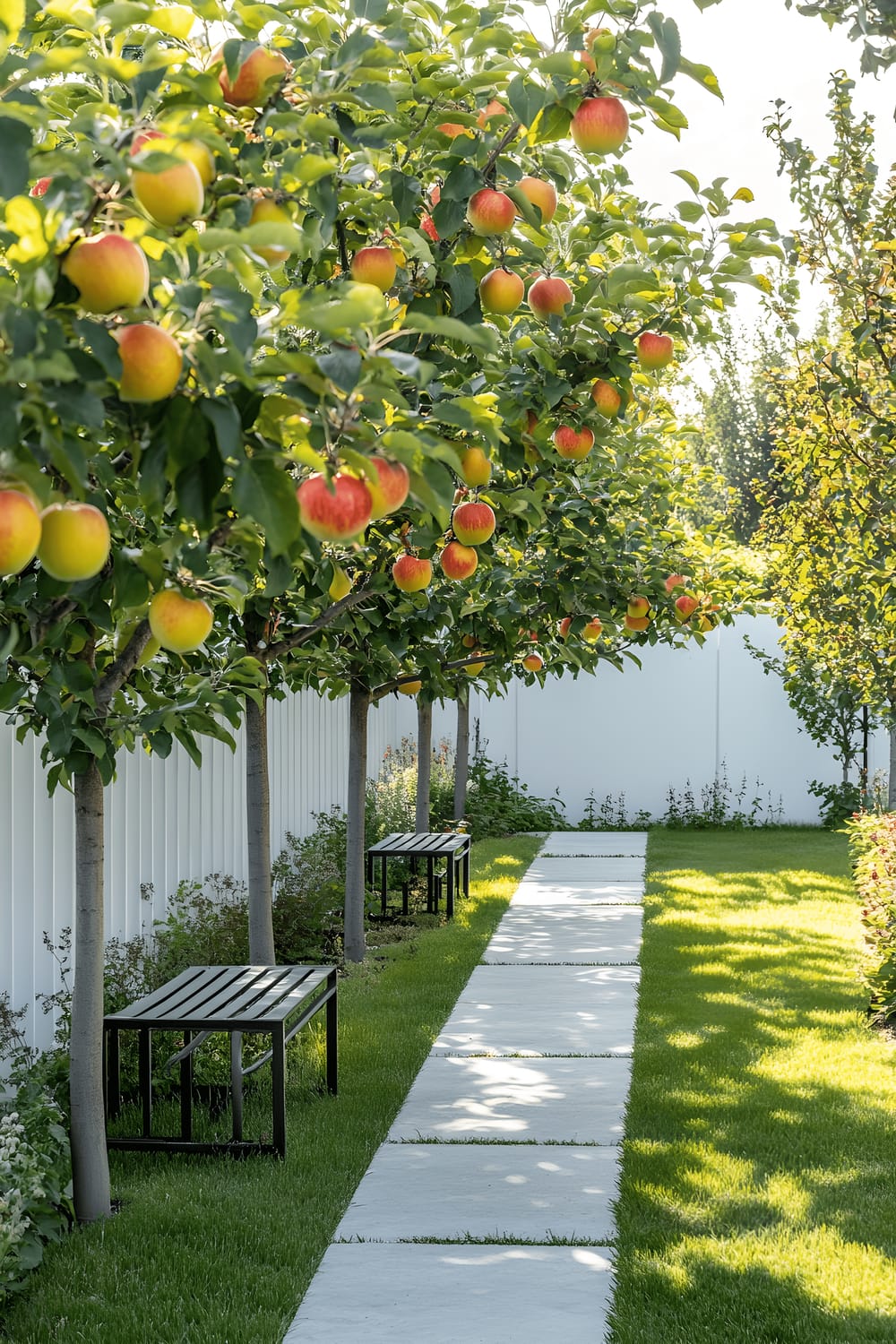 A well-organized modern orchard with espaliered apple and pear trees exhibiting vibrant green leaves and colorful fruits against a stark white fence. A minimalist stone pathway snakes among the trees, and stylish metal benches are positioned for viewing or relaxing. The scene is bathed in soft afternoon sunlight.