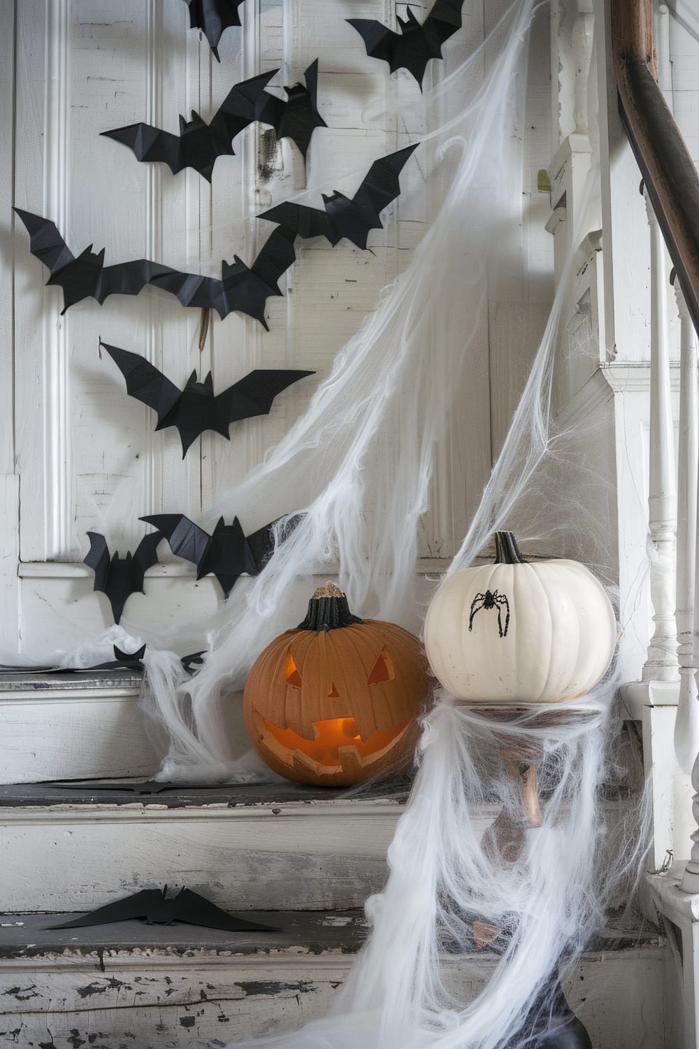 Staircase decorated for Halloween with a collection of black paper bats affixed to the white walls and stairway, creating an eerie atmosphere. Two pumpkins sit on the stairs, one orange with a carved, illuminated Jack-o'-lantern face and one white with a black spider drawn on its surface. Wisps of faux cobwebs are draped across the walls, pumpkins, and banister, enhancing the spooky theme.