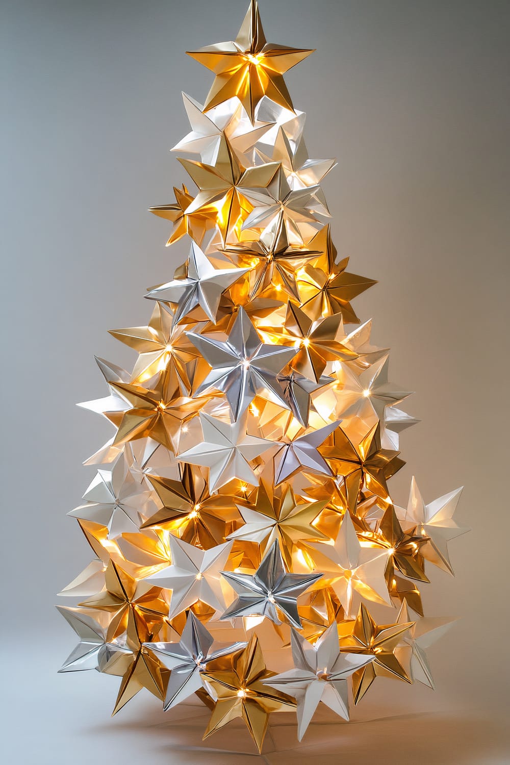 An artistic Christmas tree constructed from metallic origami stars in gold and silver, illuminated from within, creating a festive and contemporary visual.