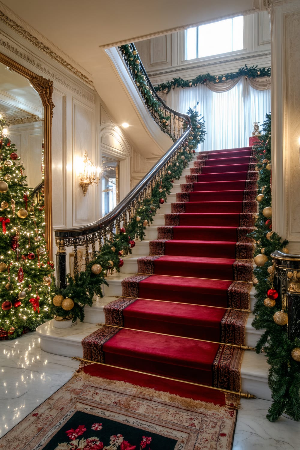 A grand staircase adorned with festive Christmas decorations. The stairs are covered with a rich red carpet with ornate patterns at the edges. Garland with gold and red ornaments lines the banister, enhancing the festive aura. A large, beautifully decorated Christmas tree with gold and red ornaments stands to the left. Warm light emanates from elegant wall sconces.