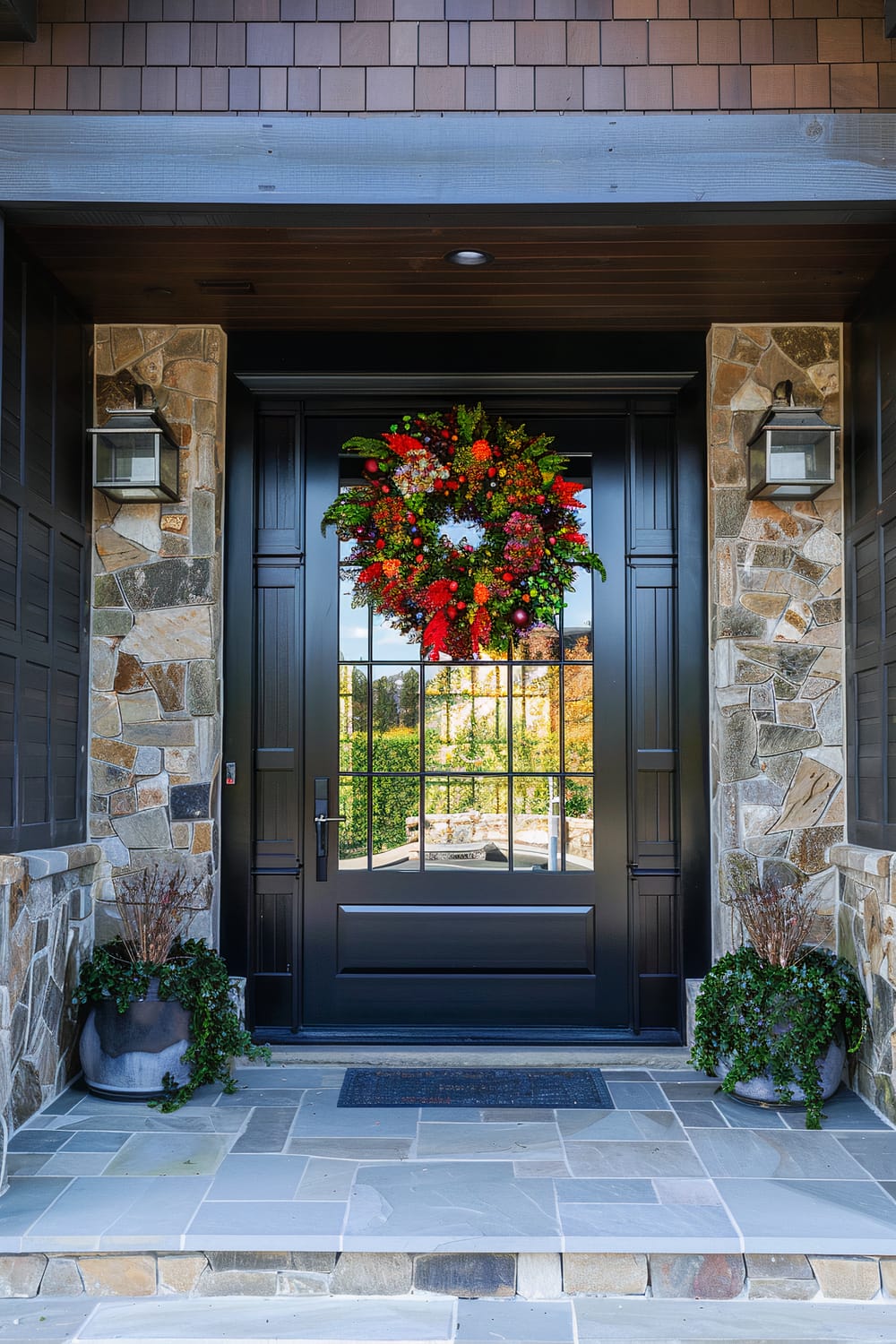 A front door with a large wreath decorated with red berries and assorted greenery. The door is black with glass panels, surrounded by stone walls and dark wooden paneling. Two potted plants are placed symmetrically on either side of the door, and a dark-colored doormat lies in front on a stone tile floor.