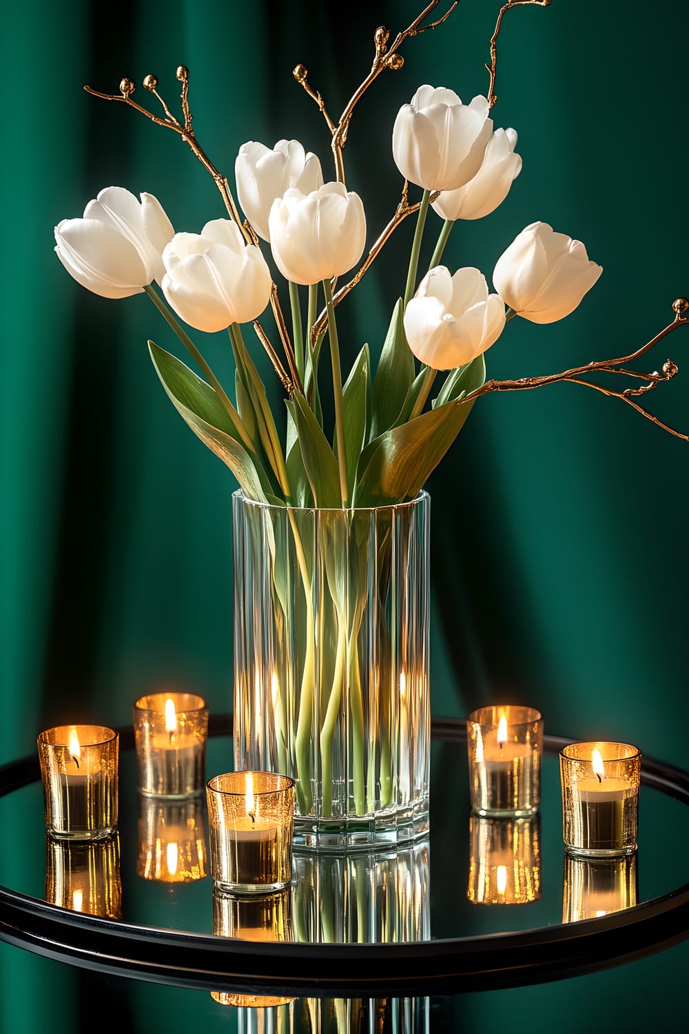 A centerpiece on a mirrored table featuring a tall glass vase with five white tulips and two gold branches. Eight small gold votive candles surround the vase. The background displays a soft-focus, rich emerald green color.