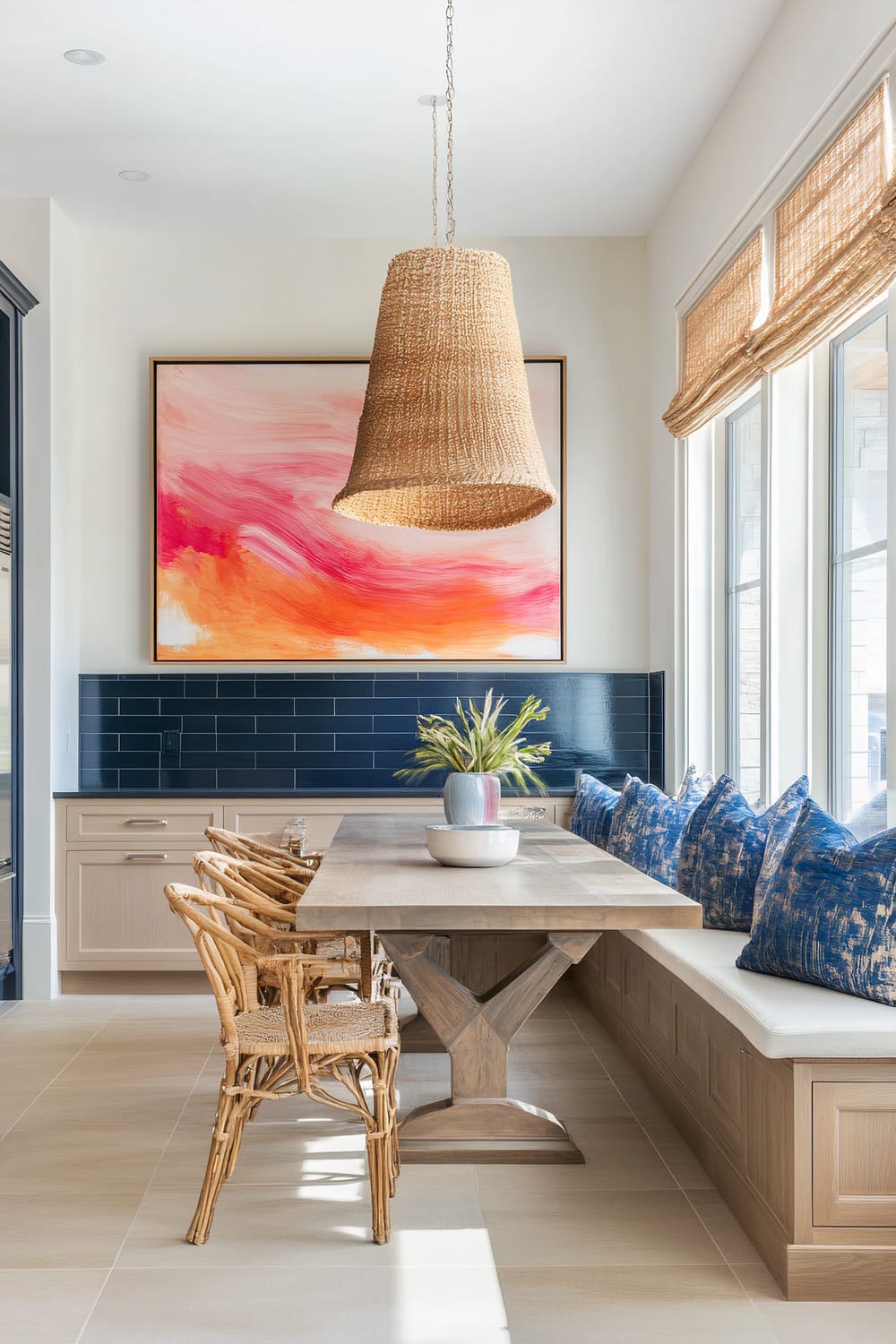 A modern, airy dining area featuring a wooden table surrounded by wicker chairs and a built-in bench. Above the table is a large, wicker pendant light. Behind the table, there's a striking abstract painting with vibrant pink and orange hues hanging on a wall with dark blue subway tiles and light wood cabinetry beneath. The right side of the room showcases large windows with woven shades, allowing natural light to pour in, and the bench is adorned with blue patterned cushions.