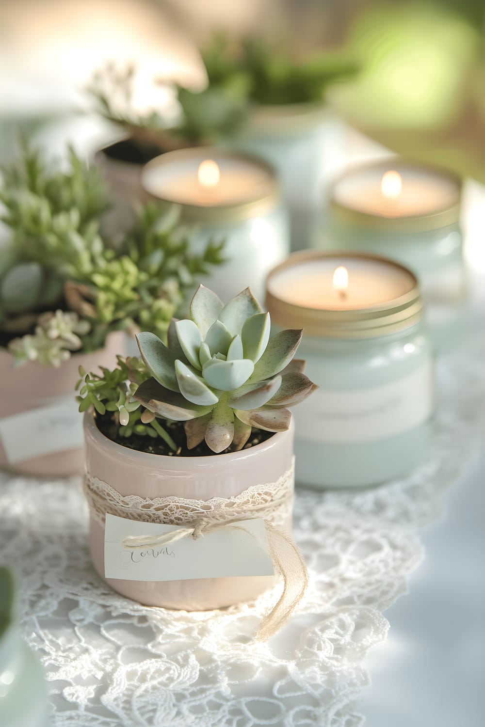 A splendid arrangement of guest favors displayed on a white lace table runner. The gifts are made up of personalized candles housed in pastel-colored jars with custom labels, coupled with miniature succulents planted in decorated pots. Details such as delicate ribbons and small tags containing heartfelt messages enhance the thoughtful gesture, creating a cherished feeling among the guests.