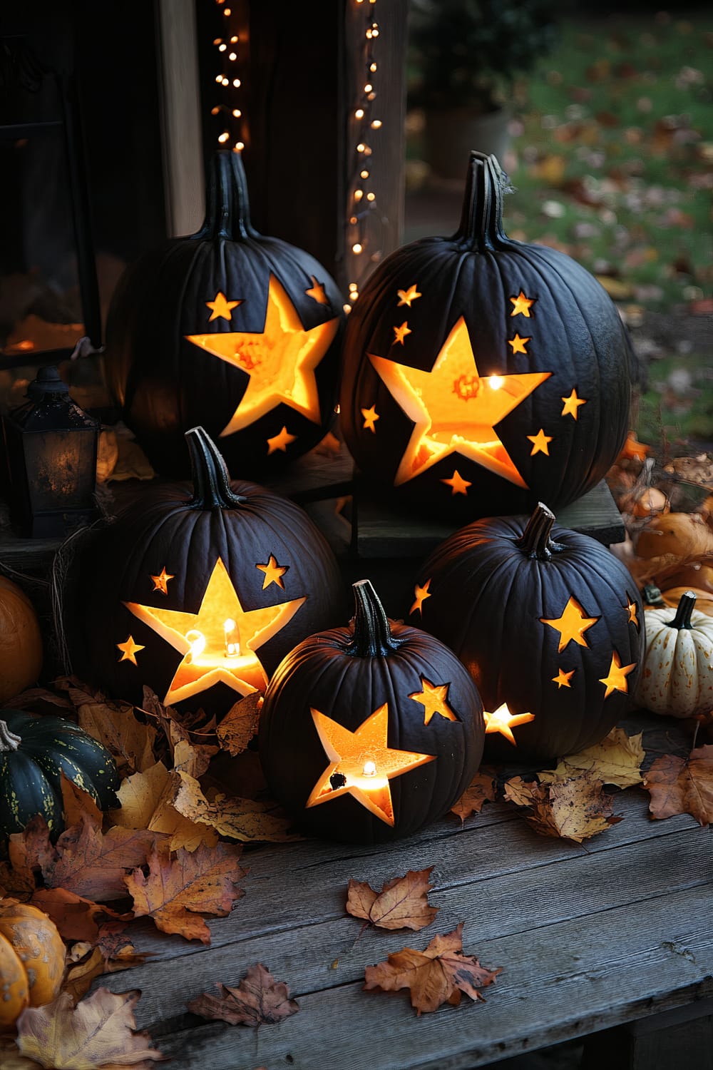 A cluster of artistically carved pumpkins, painted black, arranged on a wooden surface adorned with autumn leaves. Each pumpkin features large star cut-outs accompanied by smaller stars, all illuminated from within, casting a warm glow. Soft fairy lights add a twinkling effect to the background, enhancing the festive ambiance. Additional pumpkins in various shapes and sizes can be seen around the setup, creating a charming and whimsical Halloween decoration.