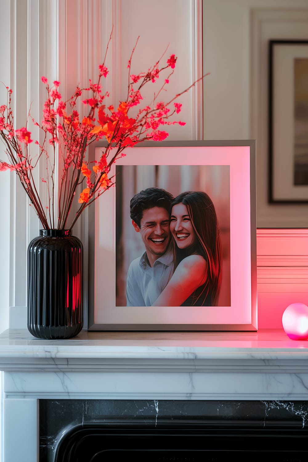 A minimalist silver photo frame displaying a vibrant portrait of a laughing couple, stationed on a white marble mantel. The backdrop features soft, pink LED backlighting that subtly illuminates the area, emphasizing the modern elegance of the setting without adding excess clutter.