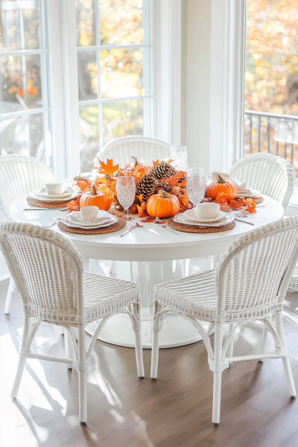 A round white dining table set with autumn-themed decorations, including small pumpkins, pine cones, and autumn leaves. The table is surrounded by four white wicker chairs. The place settings include plates, bowls, cutlery, and crystal glasses, placed on woven placemats. The room has large windows letting in abundant natural light.