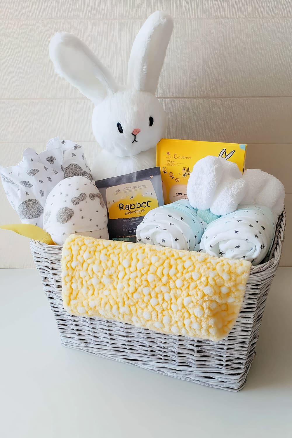 A wicker basket filled with baby items, including a white plush bunny, a yellow blanket, rolled-up swaddles with star prints, and packaged baby products. The basket is on a white surface against a light-colored wall with horizontal paneling.