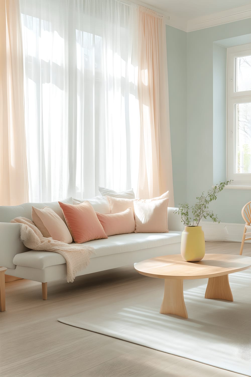 A modern minimalist living room with mint-colored walls and light hardwood floor. Features include a large white sofa with pastel coral and soft pink pillows, a coffee table with a pastel yellow vase, and a cozy grey armchair. Large windows are dressed with sheer pastel curtains allowing plenty of natural light in. The room is subtly accessorized with a single pastel aqua plant on a modest shelf.