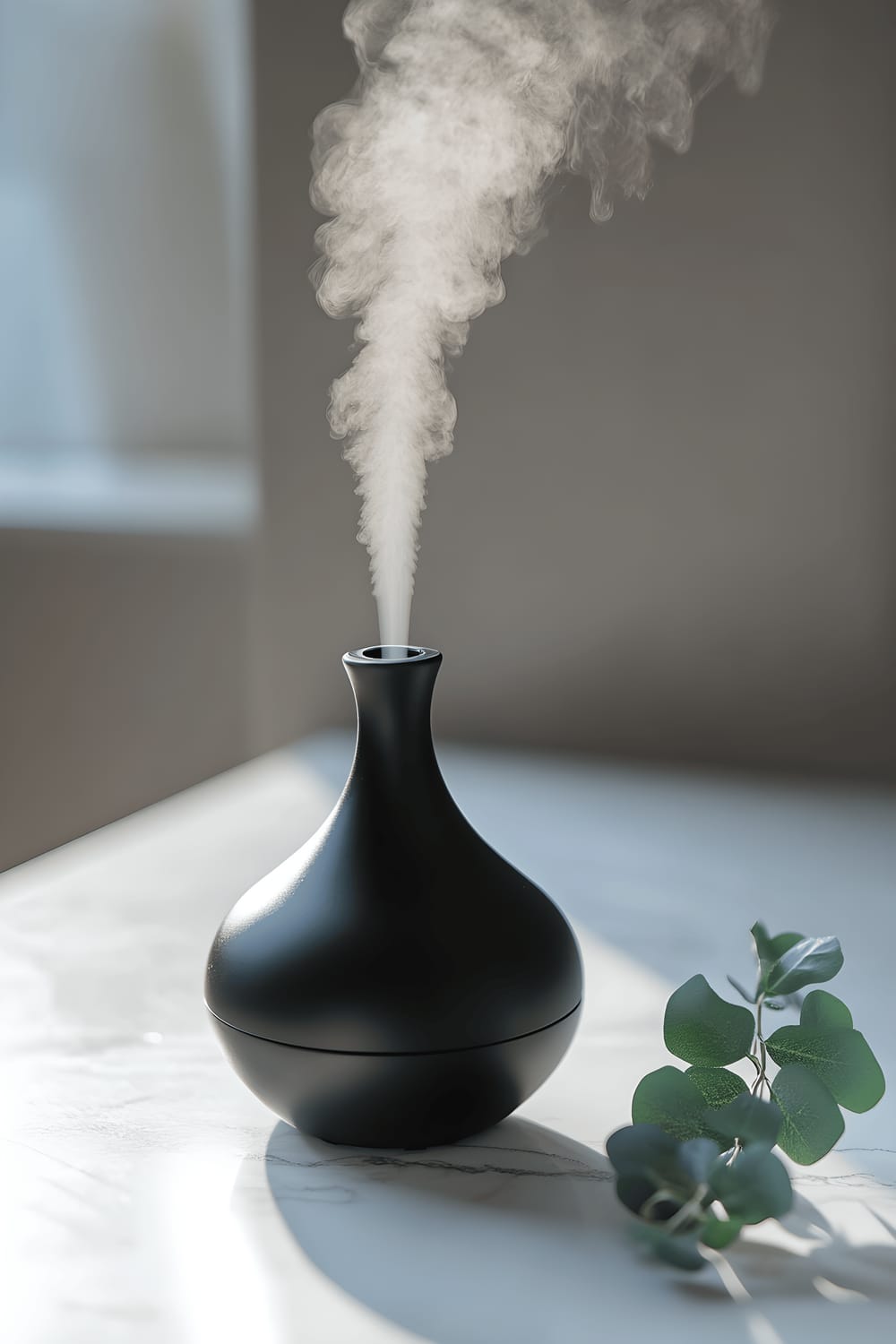 A close-up image of a sleek, matte black essential oil diffuser sitting on a smooth white marble countertop. The diffuser is turned on and is releasing a gentle vapor. Near the diffuser, there is a sprig of eucalyptus. The whole setting is bathed in soft, ambient lighting accentuating the diffuser's modern design and the texture of the marble countertop.