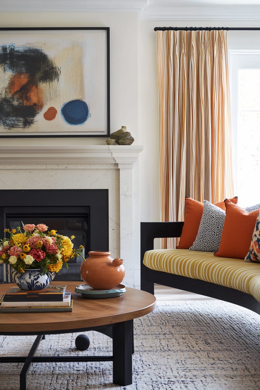 An eclectic living room features built-in benches with terracotta cushions and striped pillows beneath bold abstract wall art. A sleek marble fireplace serves as a focal point. A circular wooden coffee table holds unique, hand-painted ceramics and a bouquet of flowers. A bright yellow armchair and cobalt-blue side table with more flowers add pops of color, while layered rugs and patterned curtains enhance the room's dynamic ambiance.