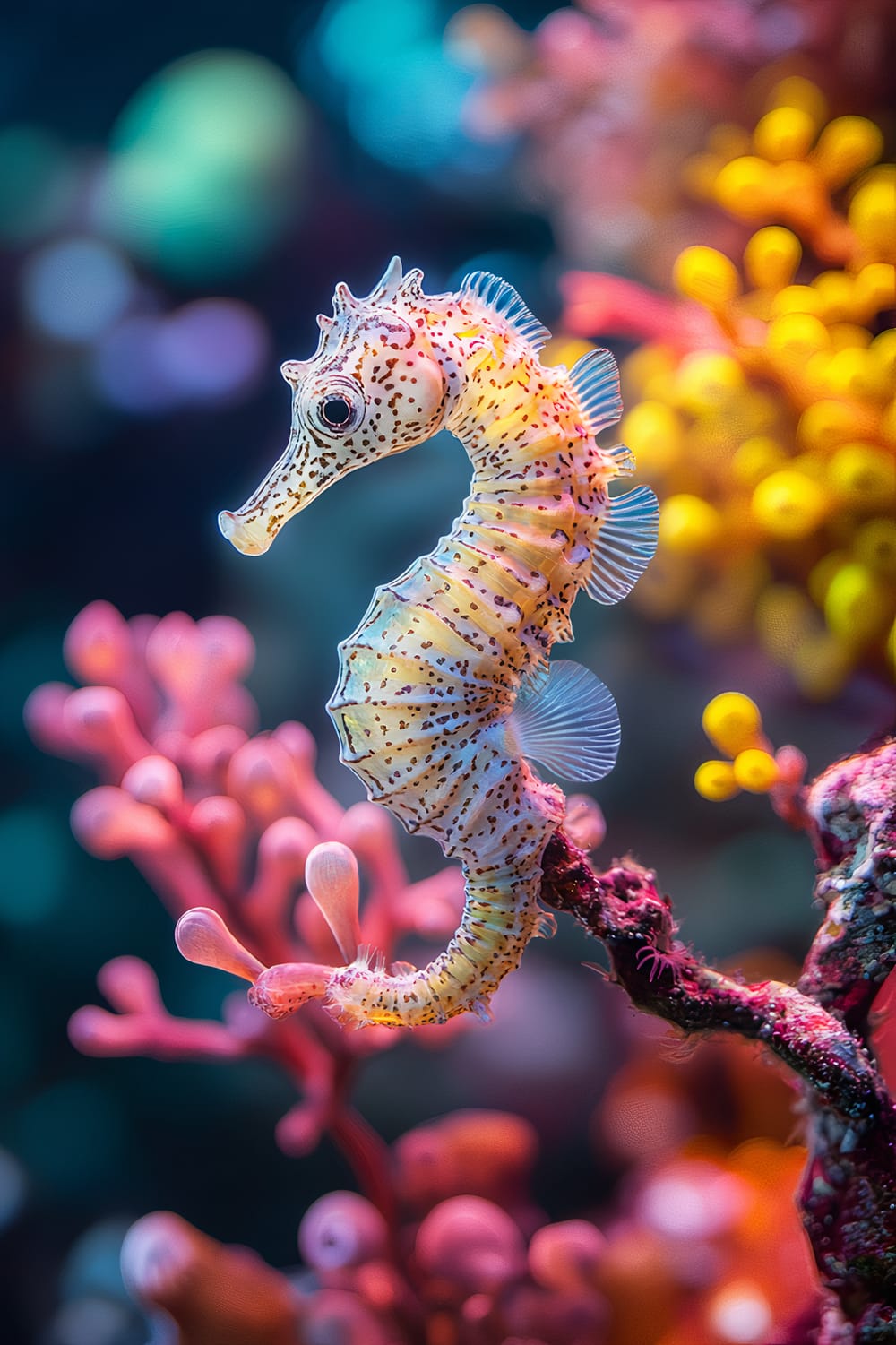 A close-up of a pale, intricately patterned seahorse with a slightly curled tail clinging to a vibrant coral branch in a reef aquarium. The seahorse's delicate body details, including its fins and spotted texture, are highlighted by soft, ambient lighting. The background is subtly blurred with colorful coral and small reef fish visible, adding depth and context.