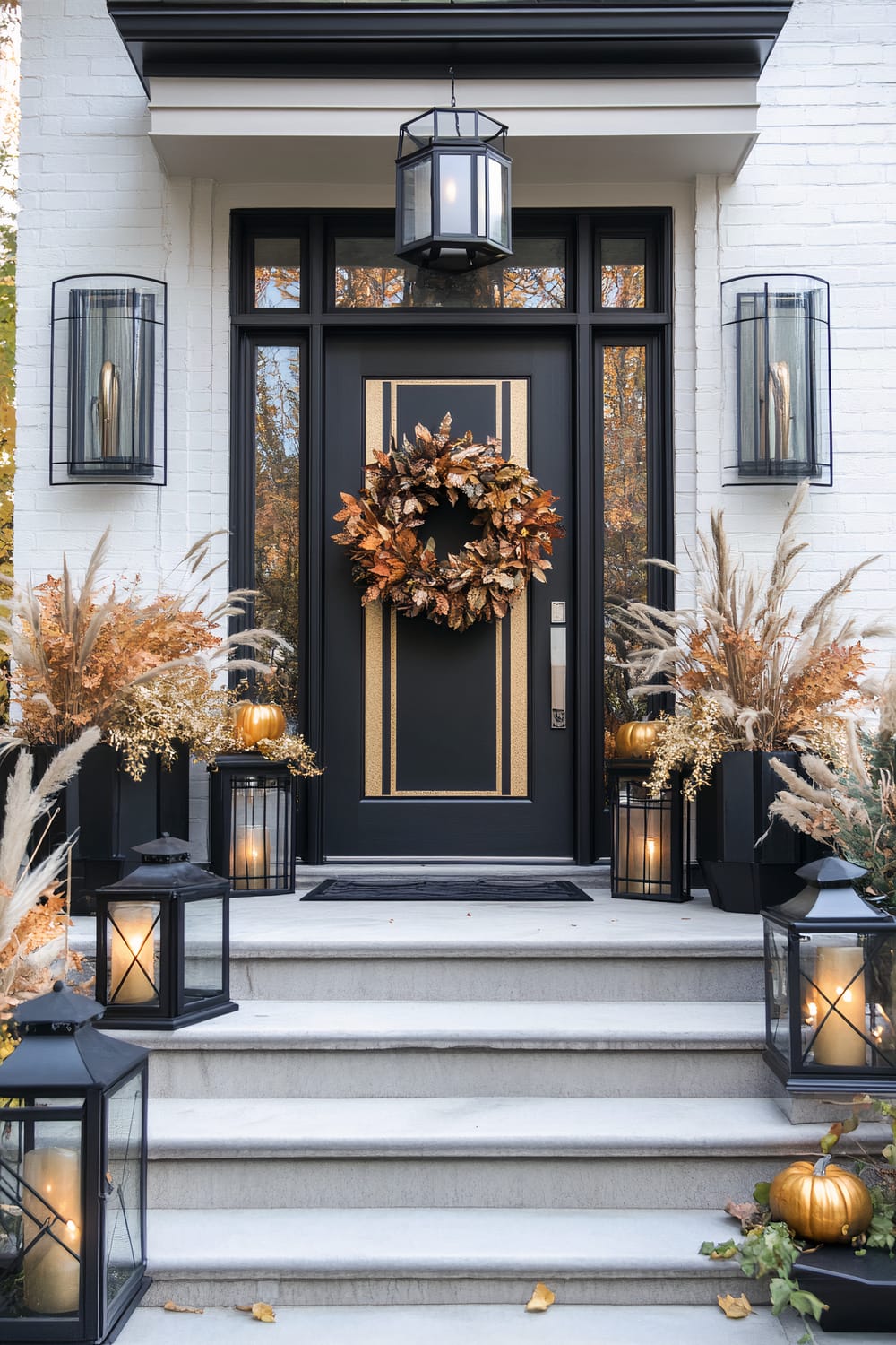 Front entrance decked in autumn decor. The black door, framed by large glass side panels, features a wreath of dried autumn leaves. Two modern sconces illuminate the area. Steps are lined with black lanterns containing lit candles, potted grasses, and small pumpkins.