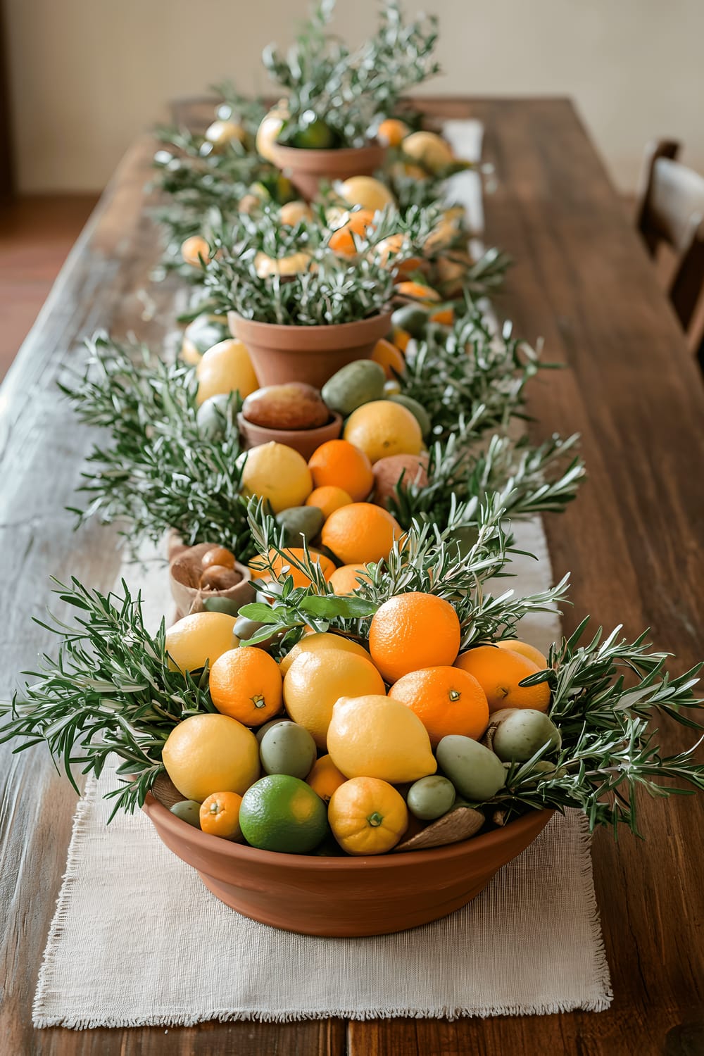 A rustic, Tuscan-inspired centerpiece on a wooden kitchen table, consisting of a large ceramic bowl filled with a vibrant mix of citrus fruits, intertwined with olive branches and sprigs of rosemary. Small terra cotta pots containing fresh herbs and decorative wooden slices add variety to the texture. The arrangement is set on a neutral-toned linen runner under warm, natural lighting that enhances the bright citrus colors and earthy olive tones.