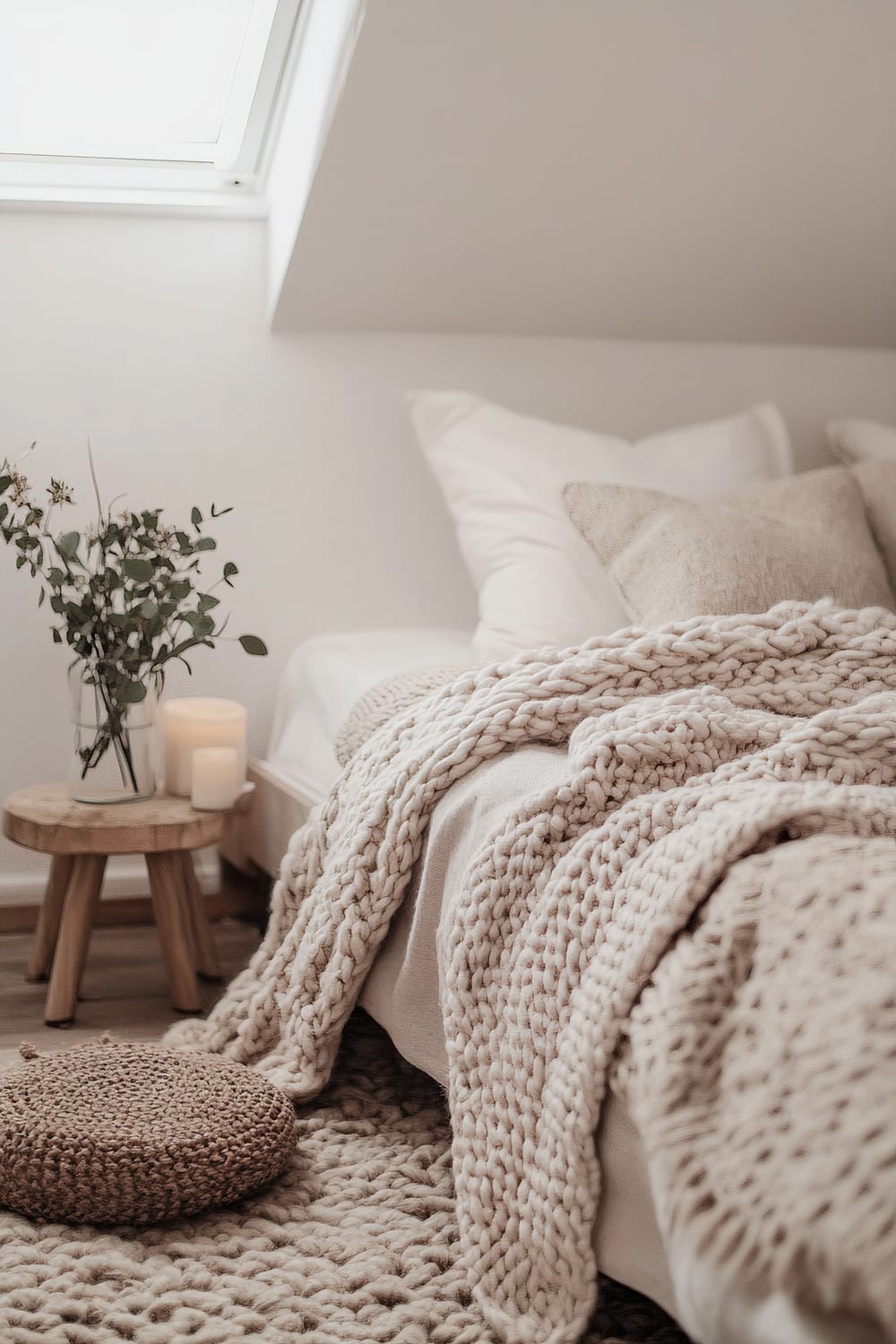 An airy bedroom featuring a sloped ceiling with a skylight. The bed is adorned with thick, cream-colored knit blankets and multiple plush pillows. A small wooden side table holds a vase with green foliage and two candles. A large knitted rug and a woven pouf add texture.