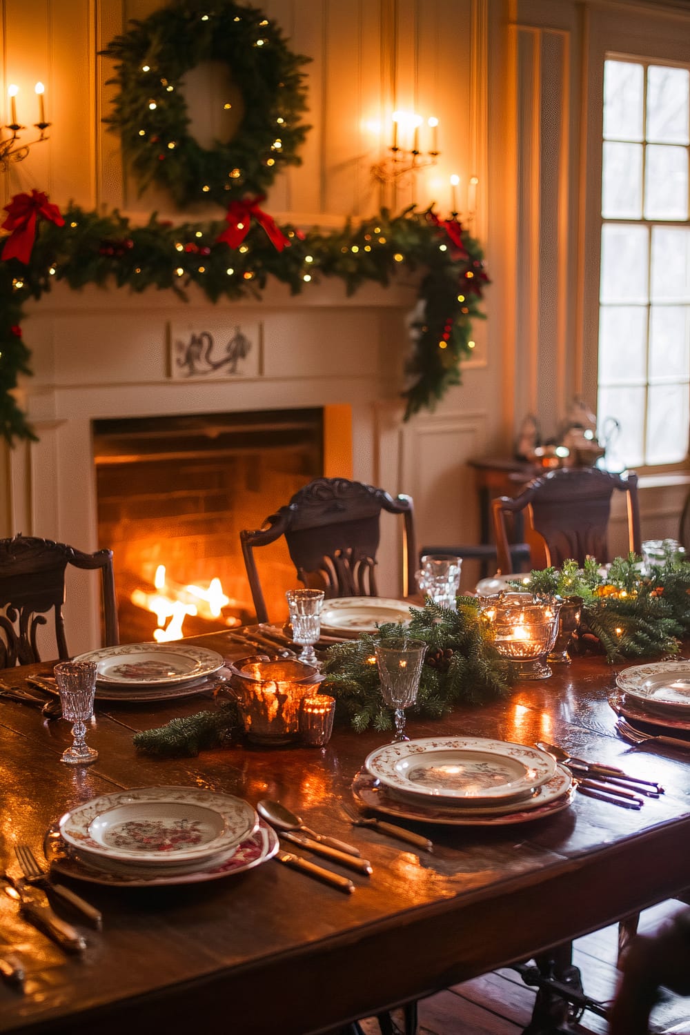 A warmly lit dining room with a wooden table set for a meal. The table is adorned with festive dinnerware, glassware, and a garland centerpiece with candles. Above the mantelpiece, a fire burns brightly in the fireplace, surrounded by illuminated greenery and red ribbons. The wall sconces cast a soft glow, enhancing the holiday ambiance.